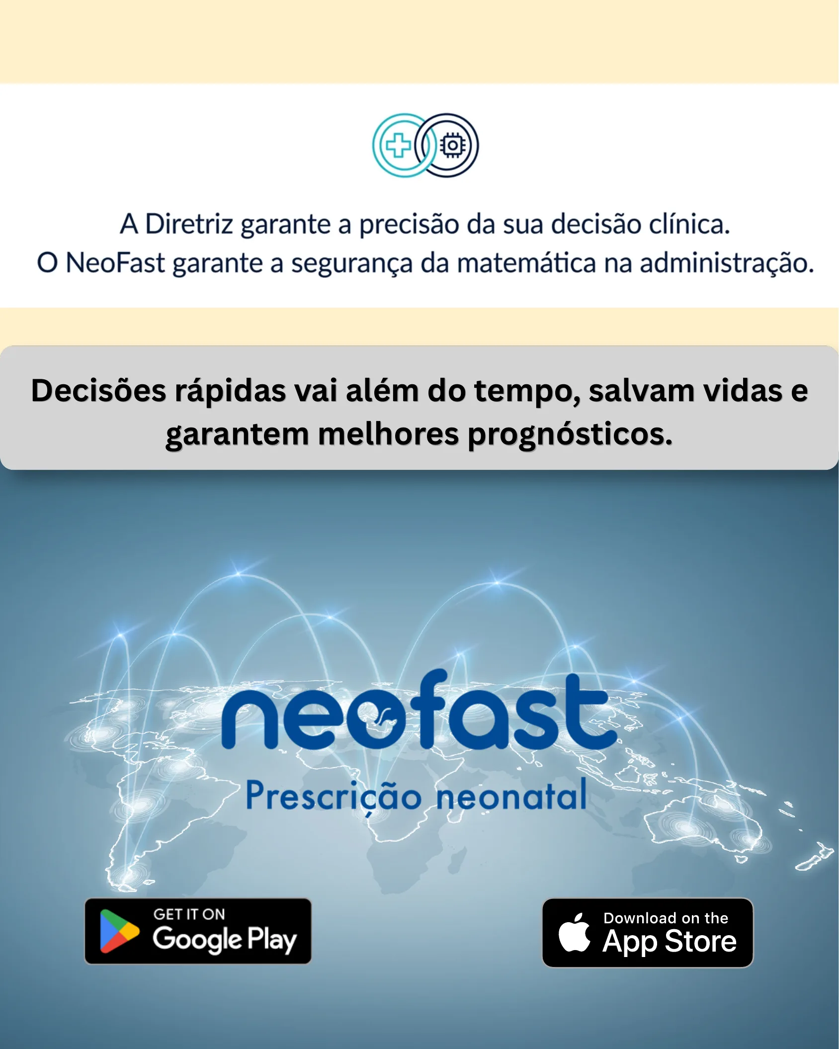 Página final do infográfico com o logotipo do NeoFast sobre um mapa-múndi estilizado, mensagem sobre decisões rápidas e ícones de download para Google Play e App Store