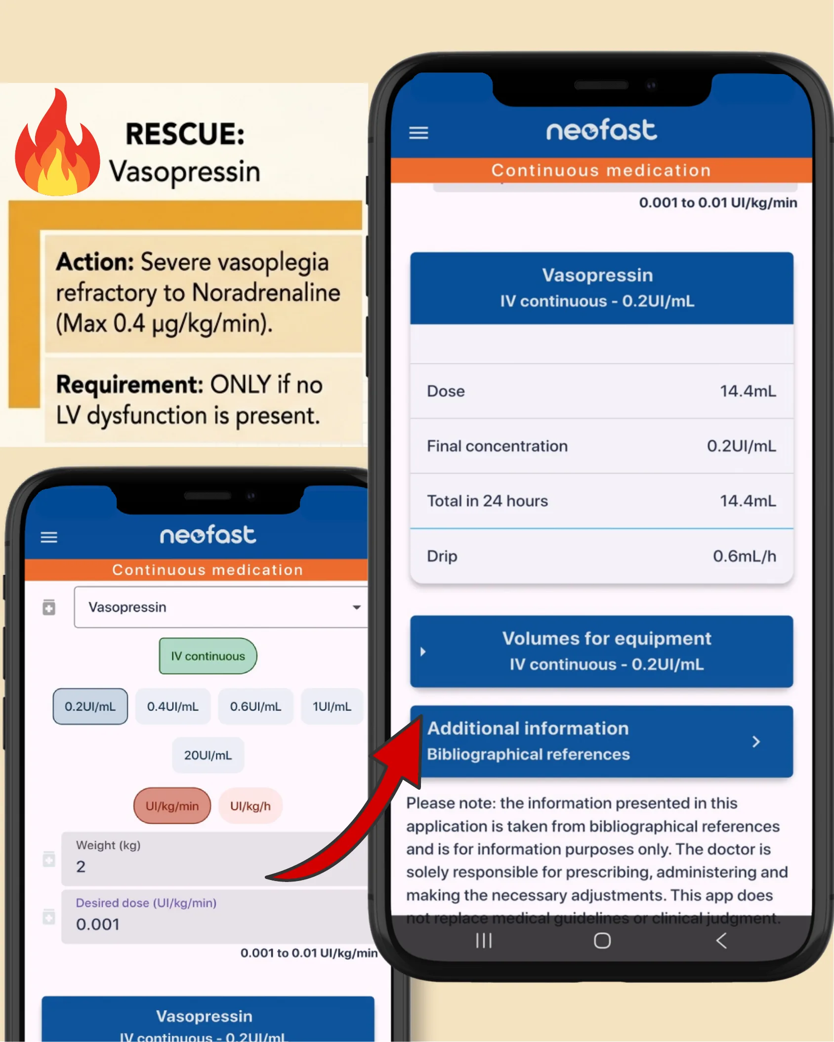 Rescue Vasopressin; capturas do app NeoFast com dose de Vasopressin IV contínuo 0.2 UI/mL e aviso de responsabilidade médica.
