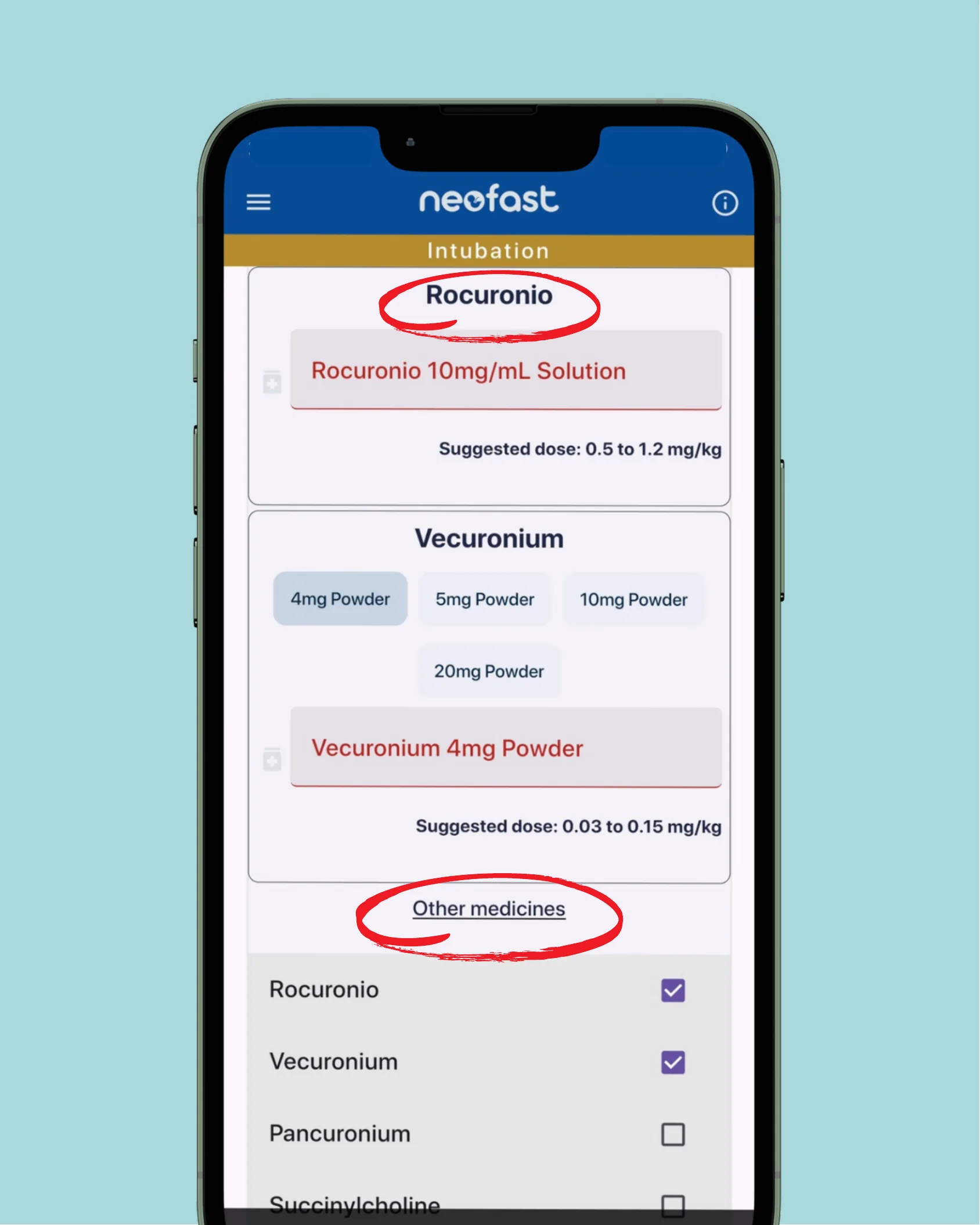 Neofast app screenshot showing Rocuronio and Vecuronium formulations, suggested doses, and the medicine selection list.