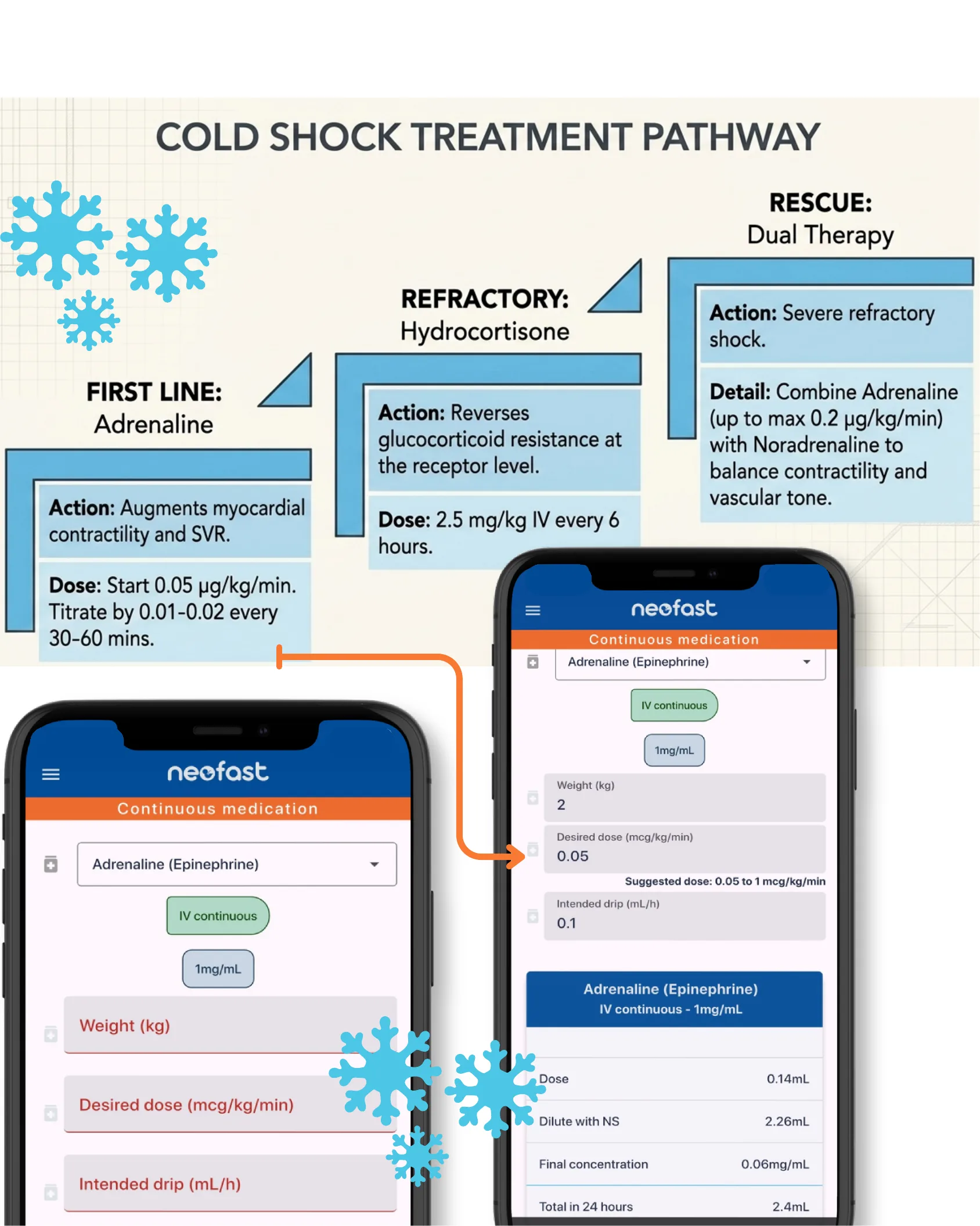 Cold Shock Treatment Pathway: adrenalina, hidrocortisona, terapia dupla; capturas do app NeoFast com Adrenaline (Epinephrine) IV contínuo.