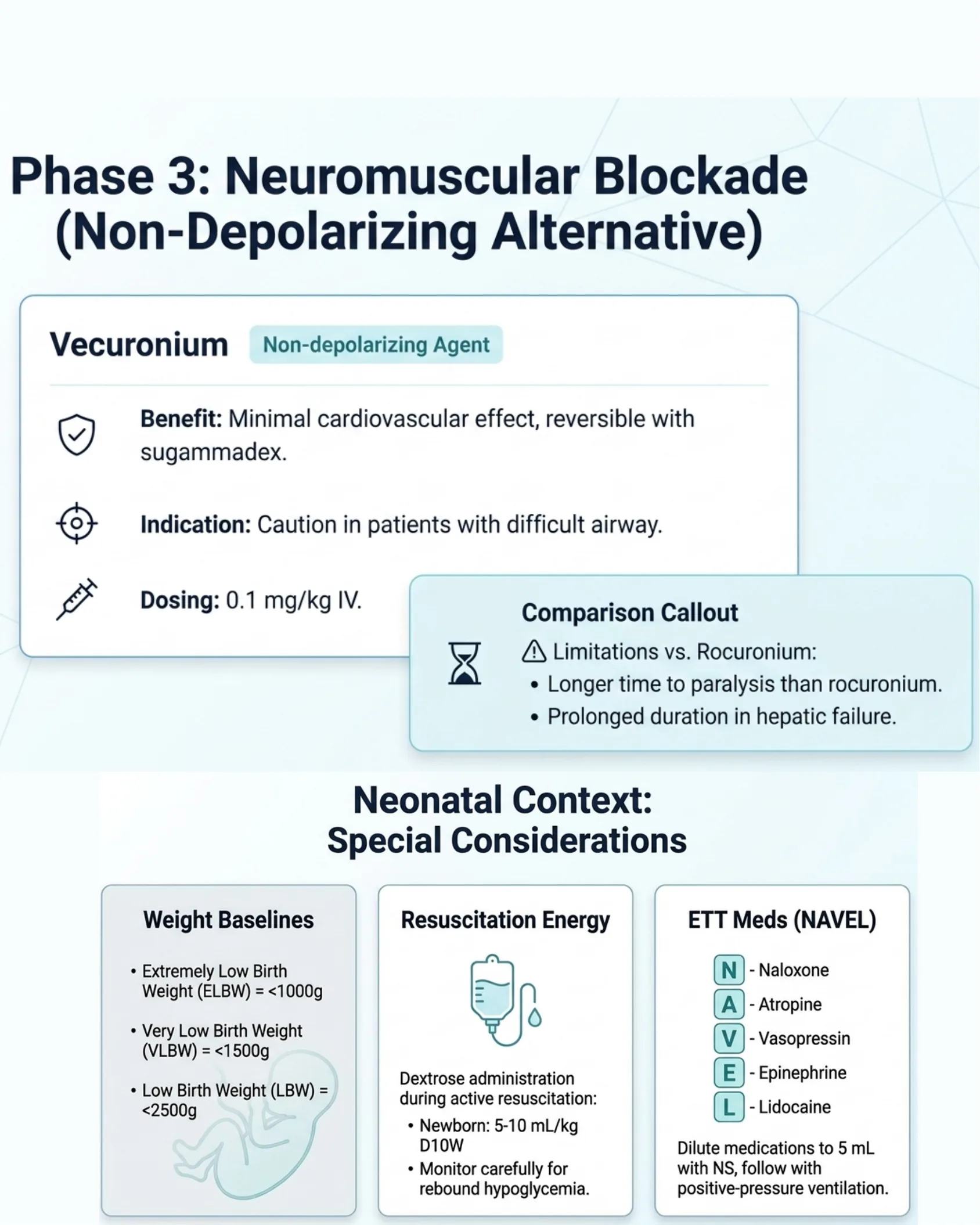Infographic detailing Vecuronium as a non-depolarizing agent with a comparison callout to rocuronium and neonatal special considerations.