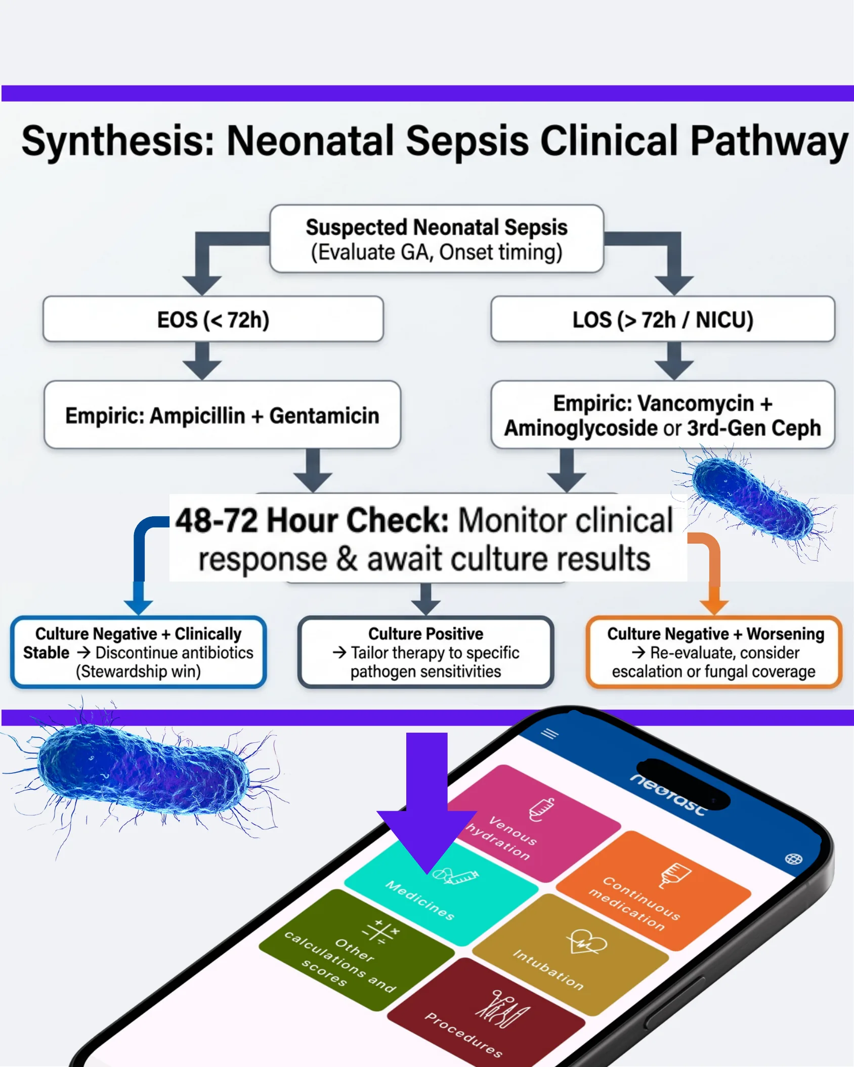 Flowchart depicting the neonatal sepsis clinical pathway from suspected sepsis through EOS/LOS empiric treatment, a 48-72 hour check, and branching outcomes based on culture results, followed by a smartphone app interface screenshot.