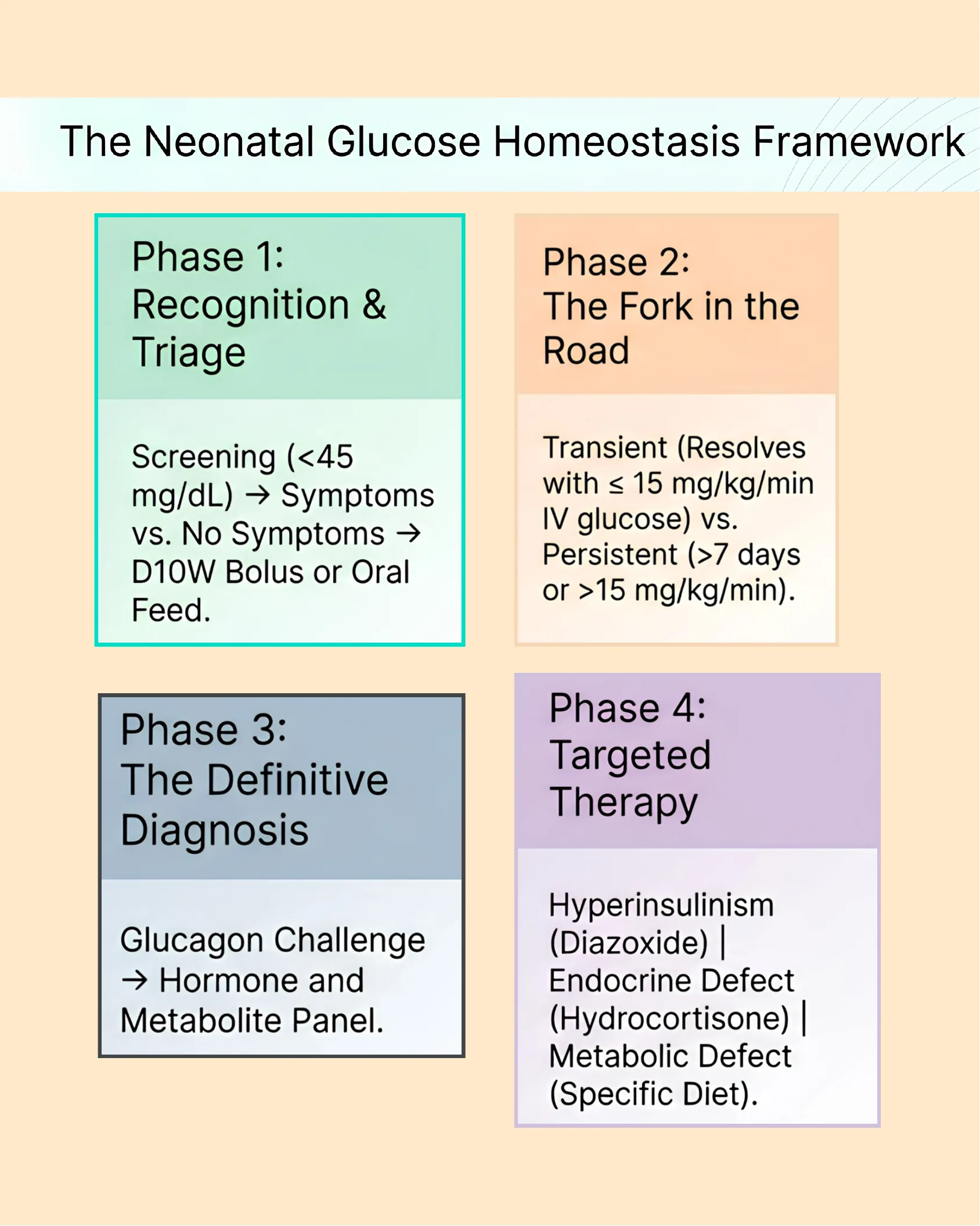 Four-phase framework diagram covering recognition and triage, transient versus persistent hypoglycemia, definitive diagnosis via glucagon challenge, and targeted therapy options.