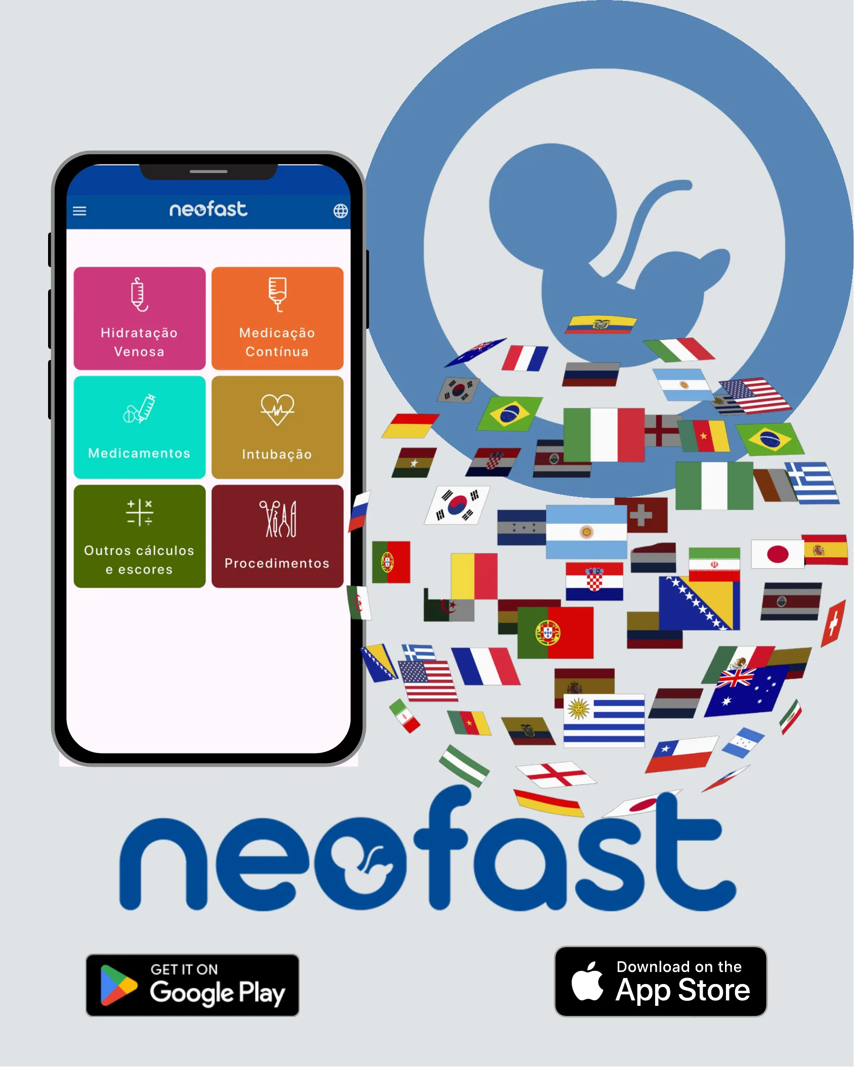 Tela do aplicativo Neofast com menu de funcionalidades (Hidratação Venosa, Medicação Contínua, Medicamentos, Intubação, Outros cálculos e escores, Procedimentos), ícone do bebê Neofast com bandeiras de diversos países ao redor e botões de download na Google Play e App Store.
