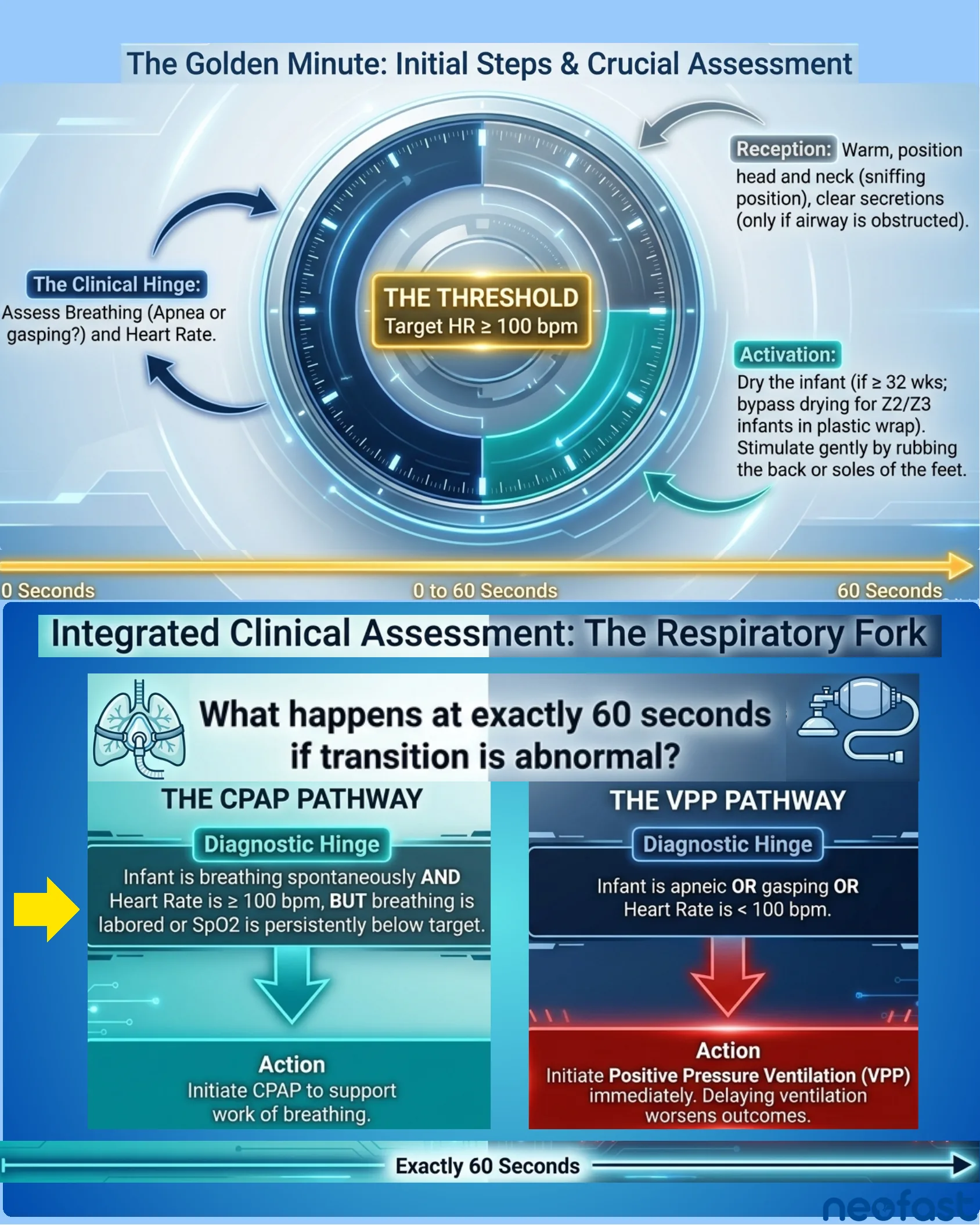 Circular diagram illustrating the golden minute of newborn resuscitation with reception, activation, and clinical hinge steps, plus a flowchart comparing the CPAP pathway and VPP pathway at exactly 60 seconds.