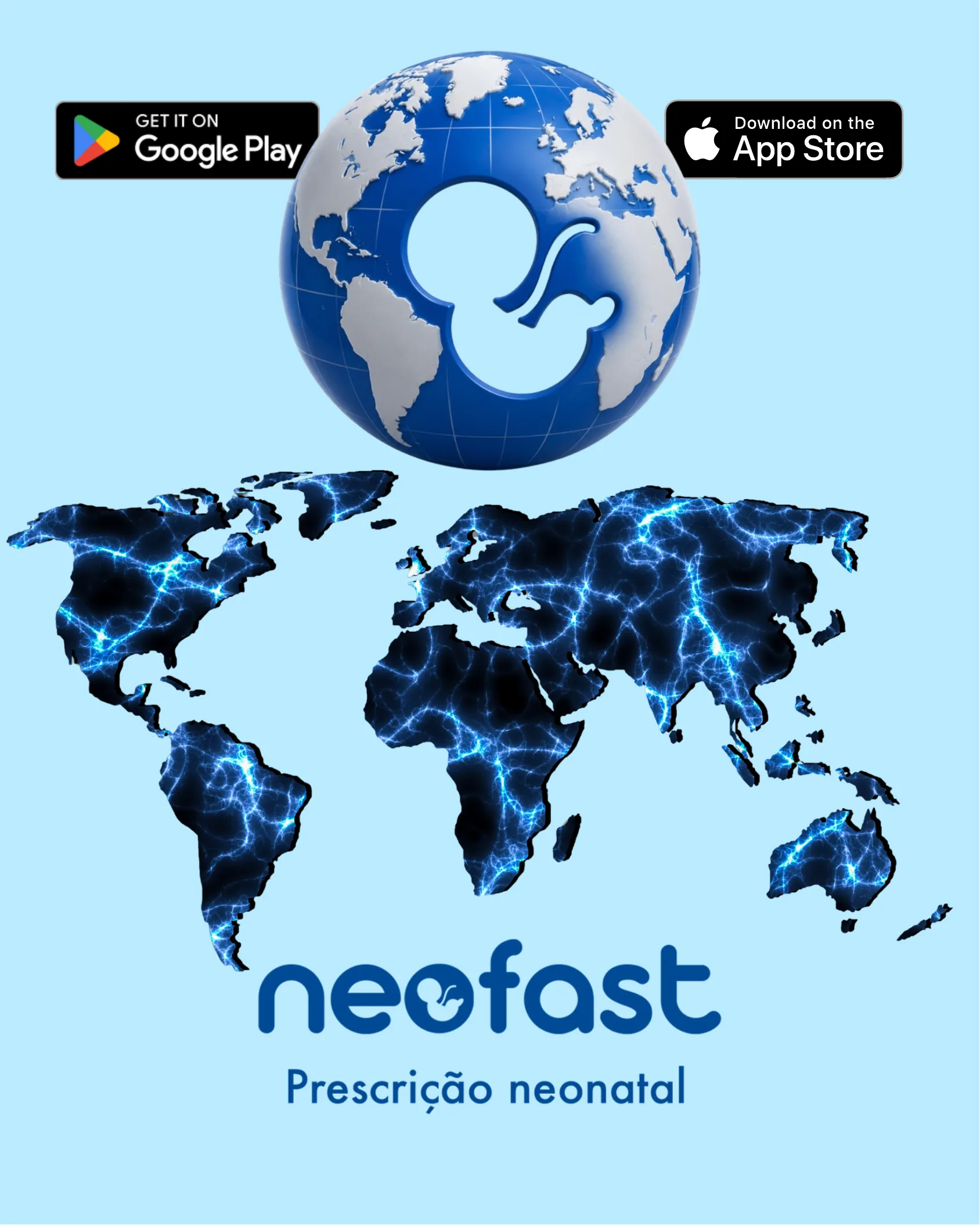 Página final de divulgação do aplicativo Neofast com logotipo, mapa-múndi estilizado e ícones de download para Google Play e App Store.