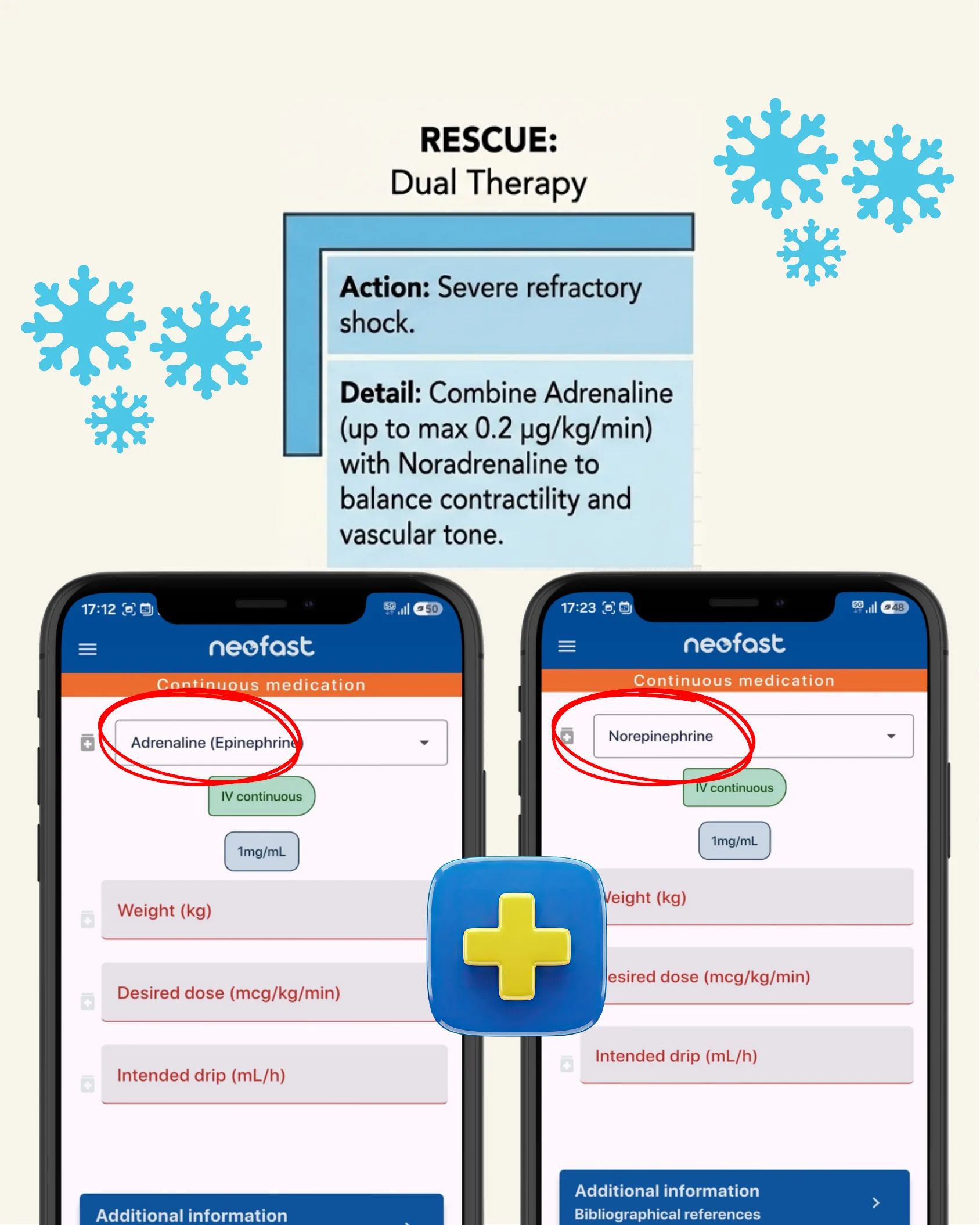 Rescue Dual Therapy (choque frio refratário); capturas do app NeoFast comparando Adrenaline (Epinephrine) e Norepinephrine.