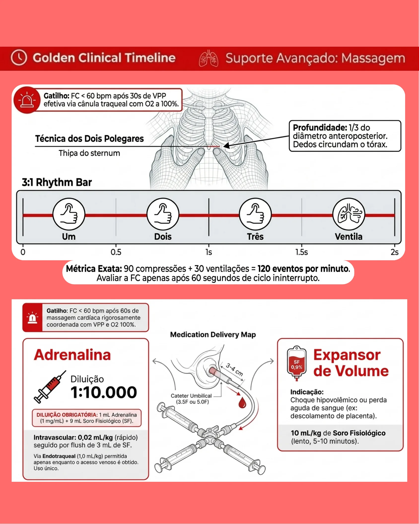Infográfico detalhando a técnica dos dois polegares para massagem cardíaca neonatal, o ritmo de compressão-ventilação 3:1, e o preparo e via de administração de adrenalina e expansor de volume.