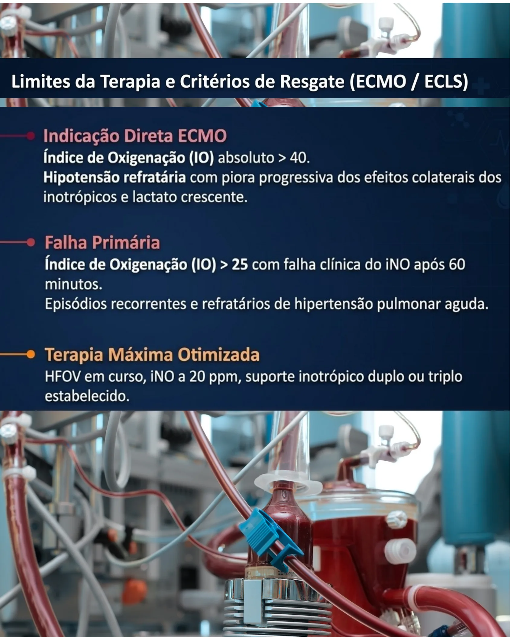 Painel informativo azul escuro sobre critérios de indicação de ECMO, falha primária e terapia máxima otimizada, com imagens de fundo de um circuito de ECMO com sangue.
