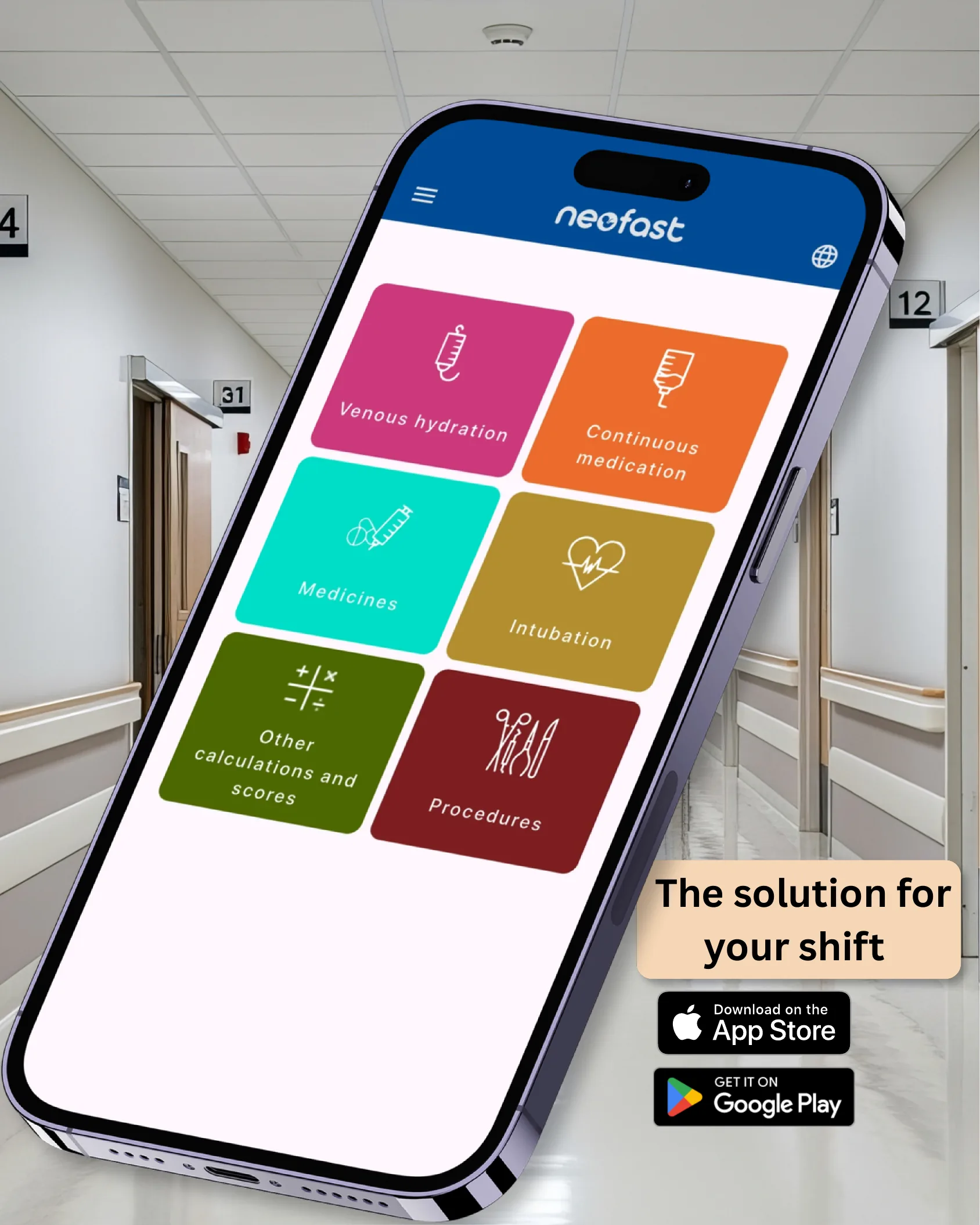 Promotional image of a smartphone displaying the NeoFast app home screen with menu tiles for venous hydration, continuous medication, medicines, intubation, other calculations and scores, and procedures, alongside app store download buttons.