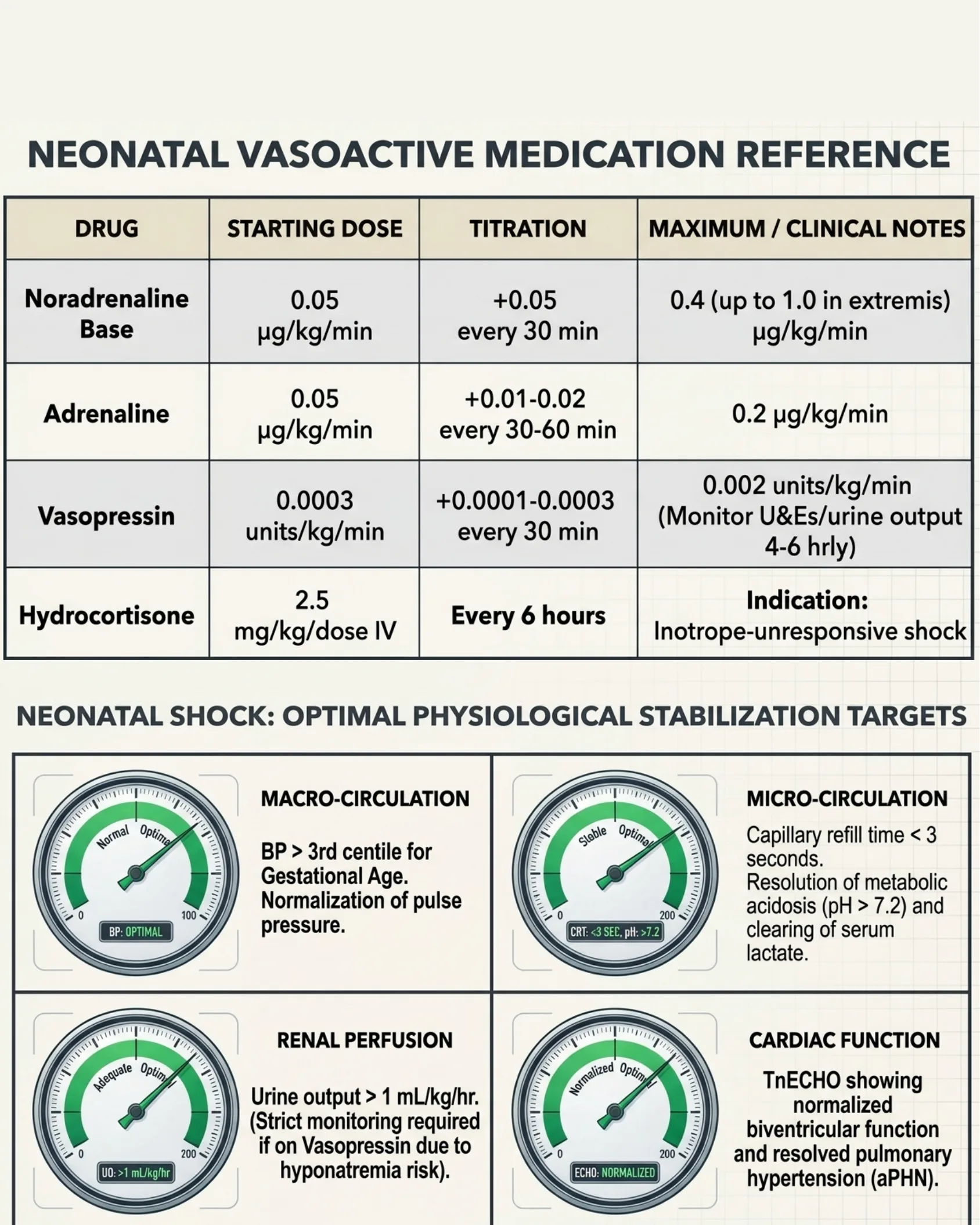 Tabela de referência de medicações vasoativas neonatais (dose inicial, titulação, máximo) e alvos de estabilização fisiológica (macro, micro, renal, cardíaco).