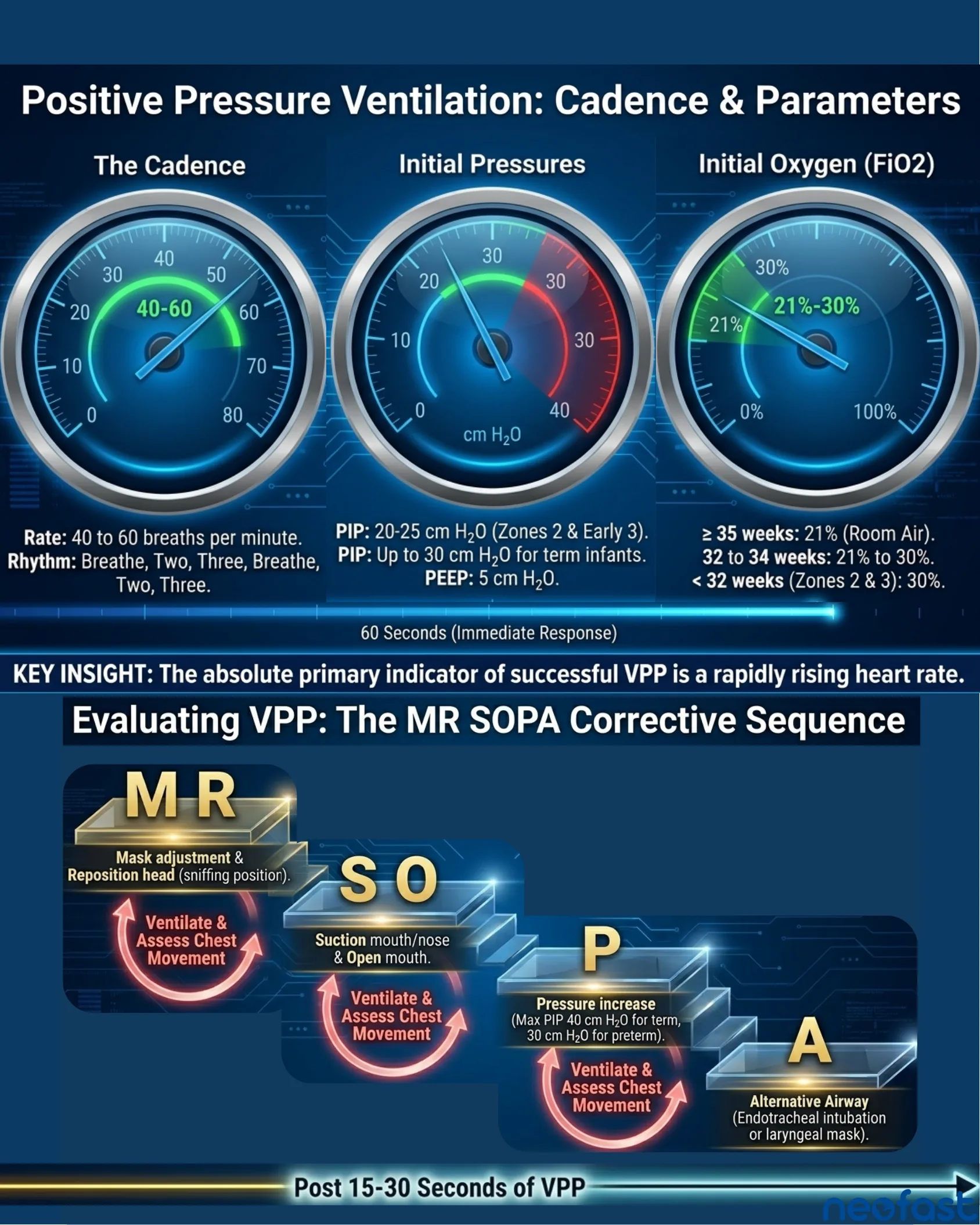 Three gauge dials showing PPV rate, initial pressures, and initial oxygen concentration by gestational age, followed by the MR SOPA corrective sequence steps for ventilation troubleshooting.
