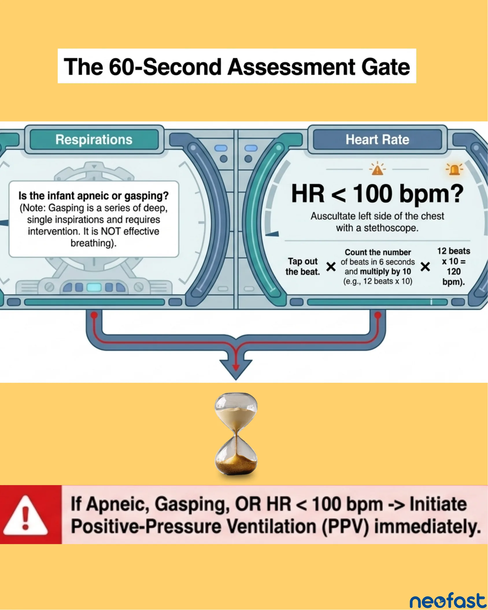 Dashboard-style infographic showing respirations and heart rate assessment gauges with instructions for counting heart rate and a warning to initiate PPV if criteria are met.