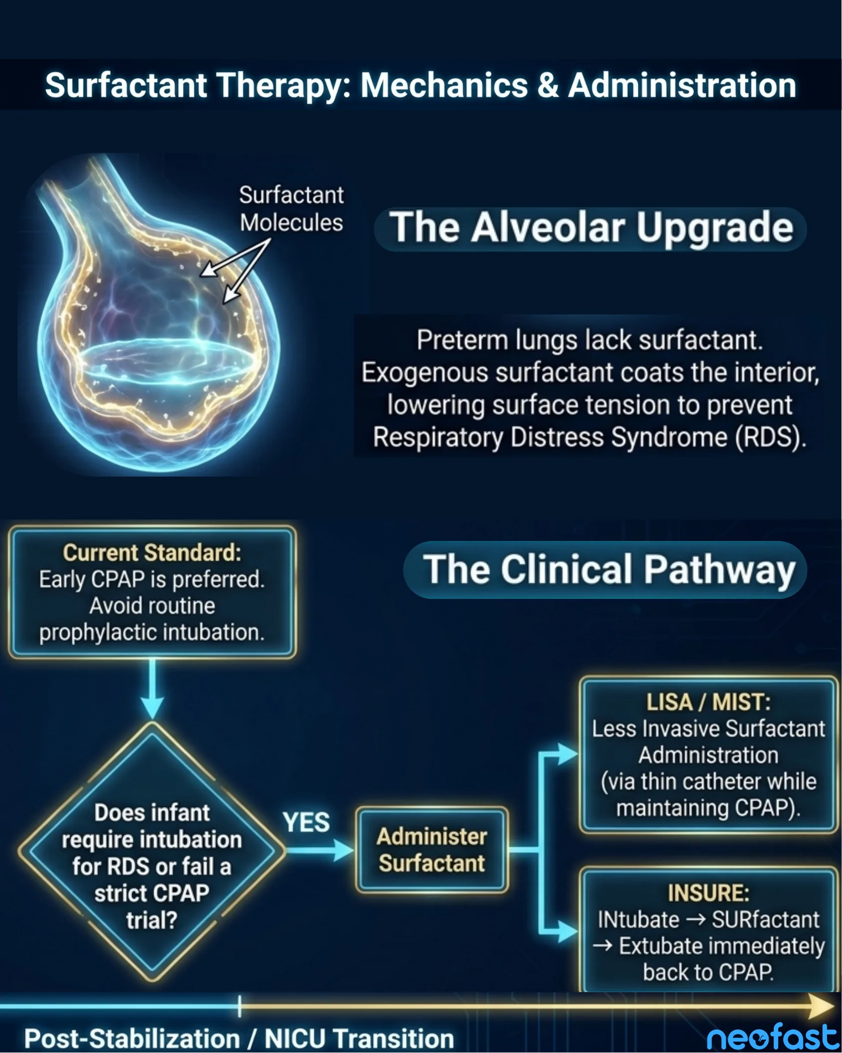 Infographic diagram of alveolus showing surfactant molecules and a clinical decision pathway comparing LISA/MIST and INSURE surfactant administration methods.