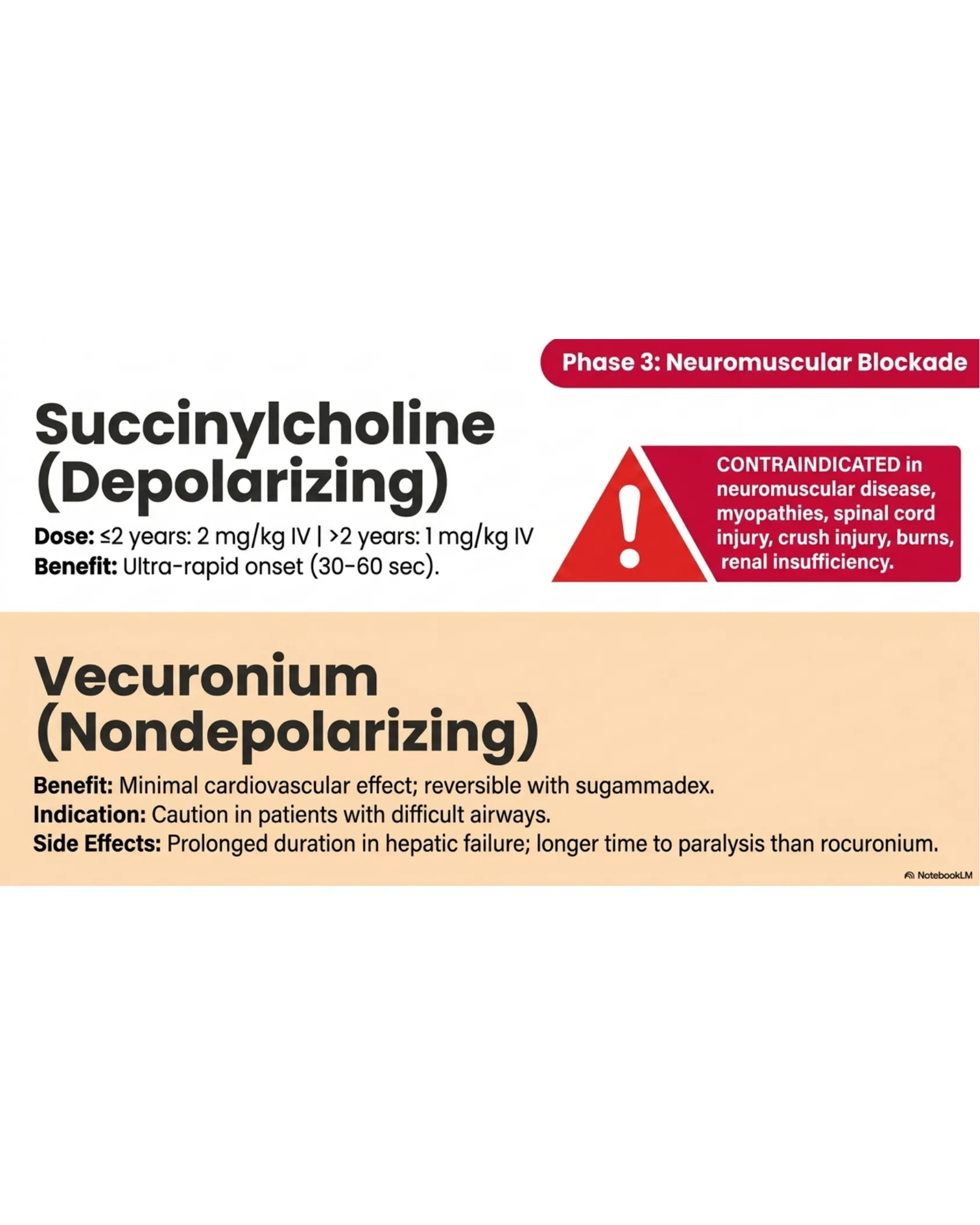 Comparison of Succinylcholine (depolarizing) and Vecuronium (nondepolarizing) neuromuscular blocking agents with doses, benefits, and contraindications.