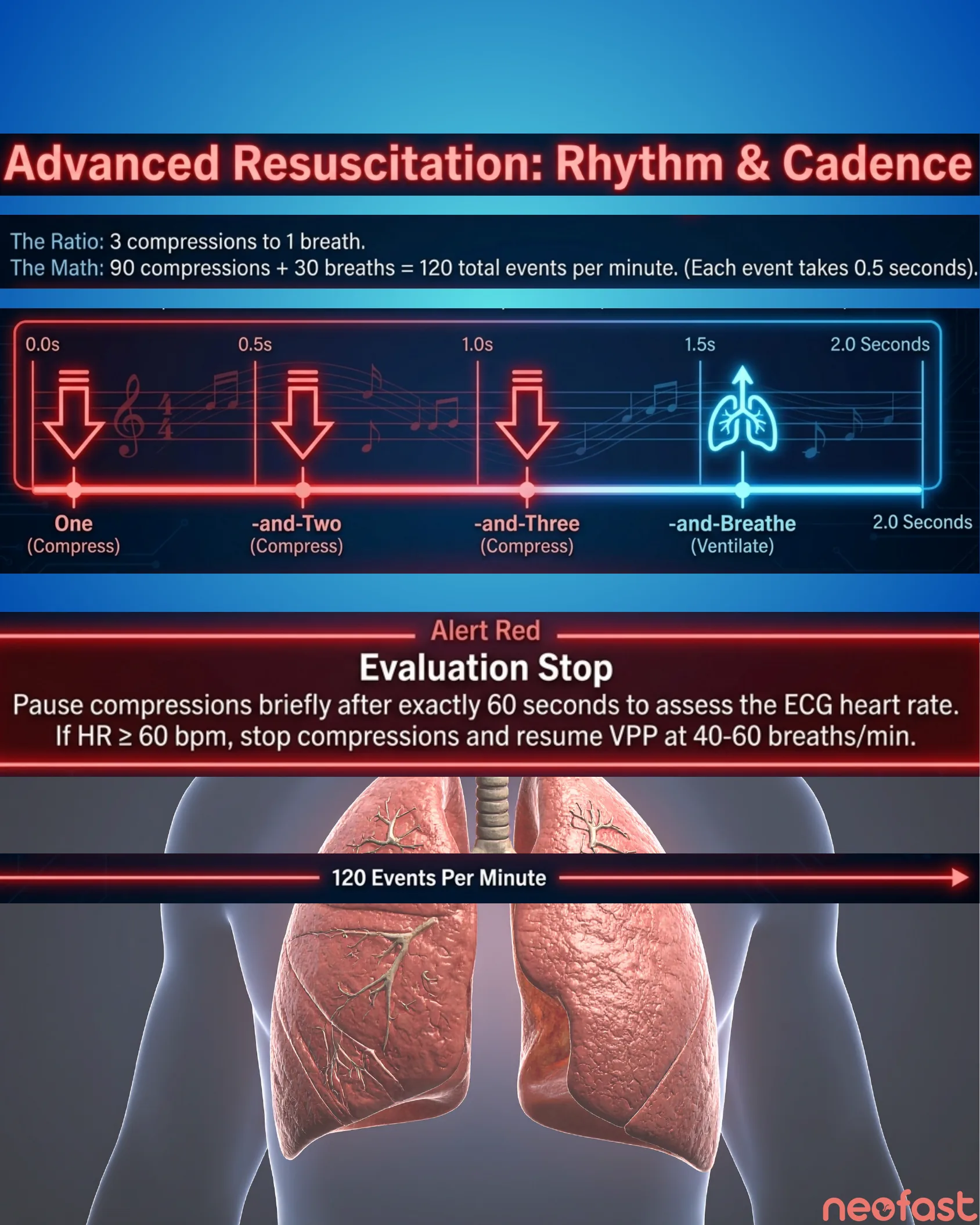 Infographic timeline showing the 3:1 compression-to-breath ratio cadence over 2 seconds and an evaluation stop protocol after 60 seconds of chest compressions.