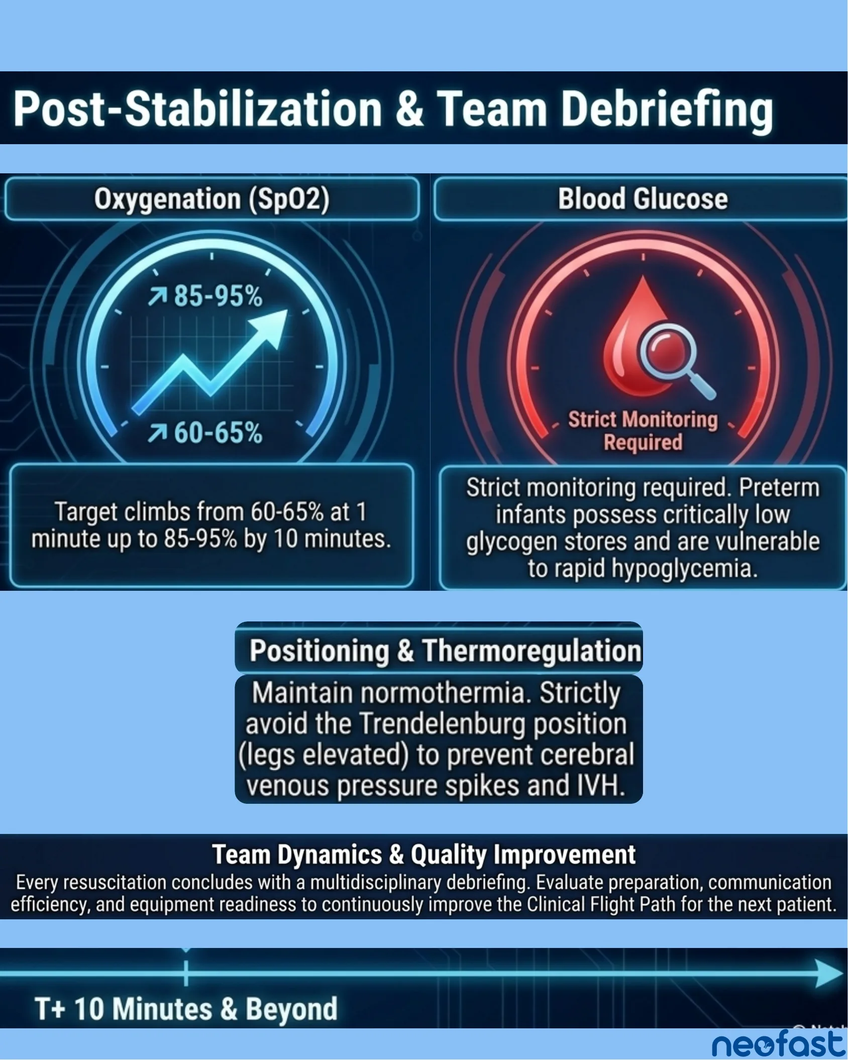Infographic showing SpO2 target gauge rising from 60-65% to 85-95%, blood glucose monitoring alert, positioning guidance to avoid Trendelenburg position, and team debriefing notes.