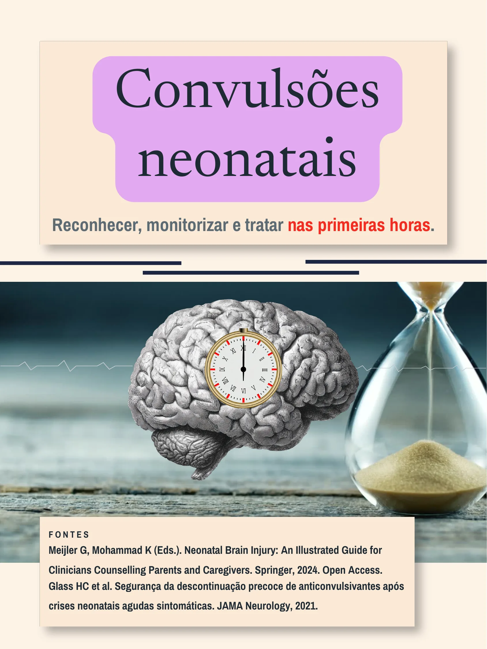 Capa do infográfico sobre convulsões neonatais mostrando um cérebro ilustrado com um cronômetro embutido ao lado de uma ampulheta, simbolizando a urgência do reconhecimento e tratamento nas primeiras horas.