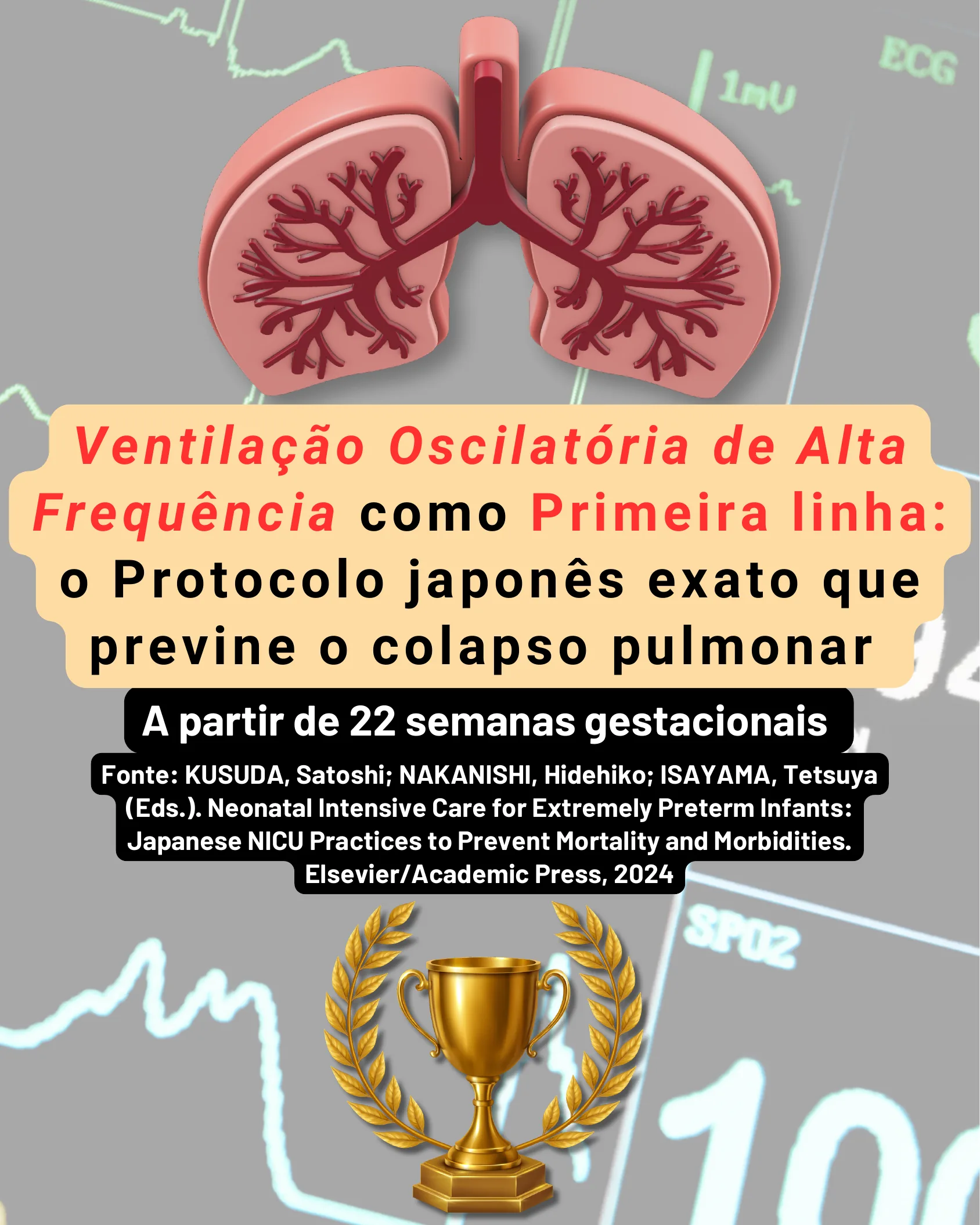 Capa do infográfico com ilustração de pulmões humanos sobre fundo de monitor cardíaco, apresentando o protocolo japonês de ventilação oscilatória de alta frequência para prematuros extremos.