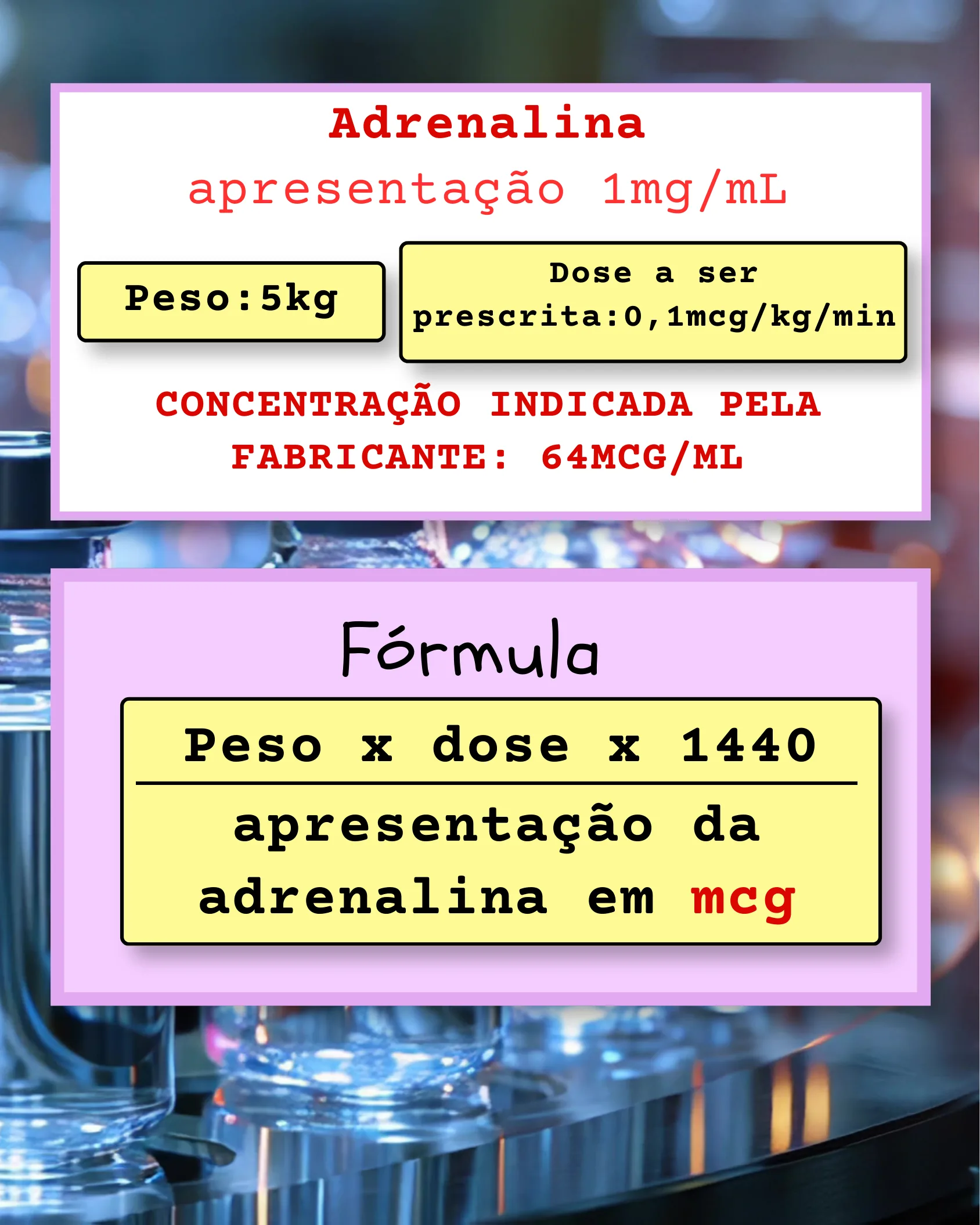 Página mostrando os dados do paciente, a concentração da adrenalina e a fórmula para cálculo da dose contínua