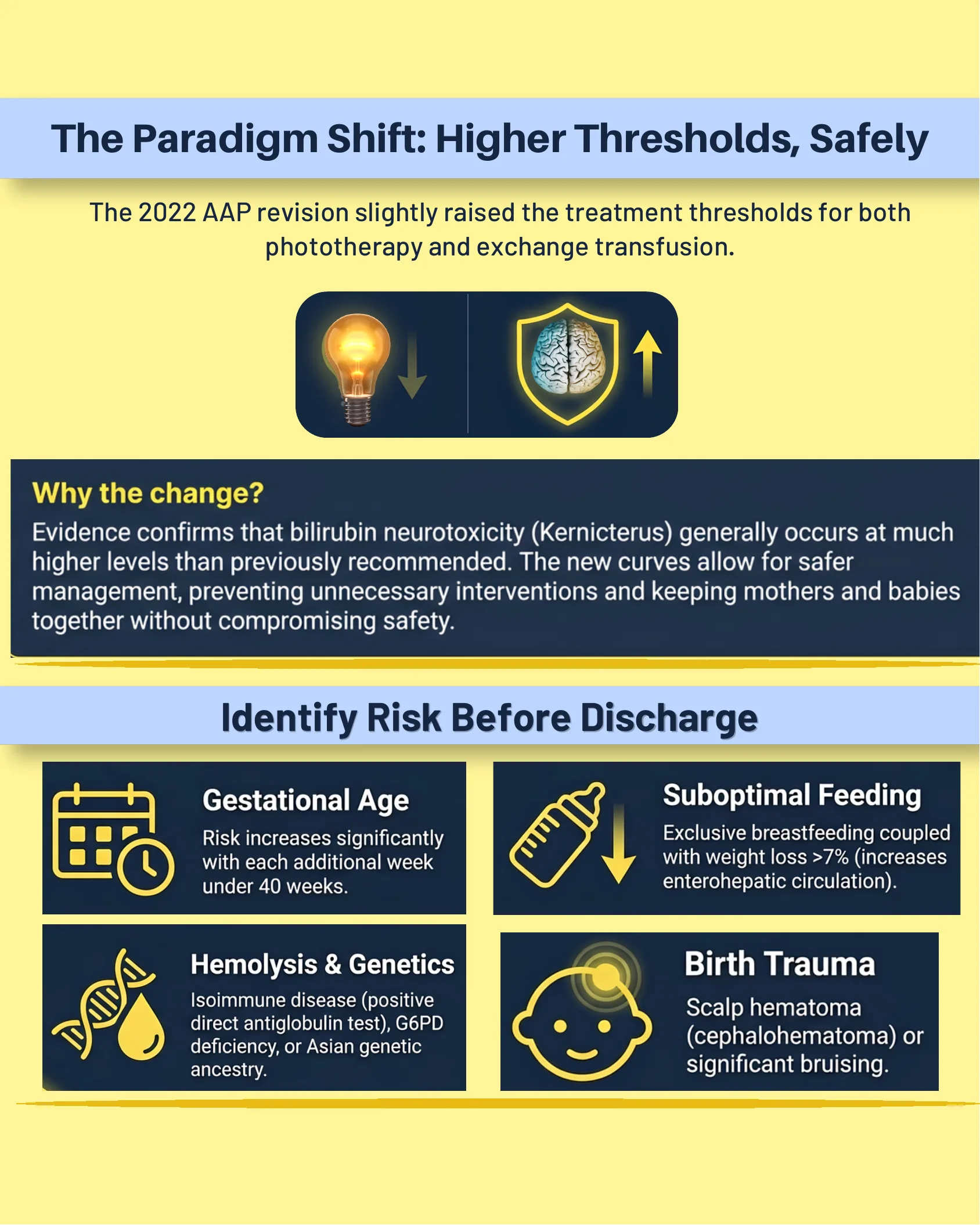 Infographic explaining why the AAP 2022 guidelines raised phototherapy and exchange transfusion thresholds, plus icons listing four pre-discharge jaundice risk factors.
