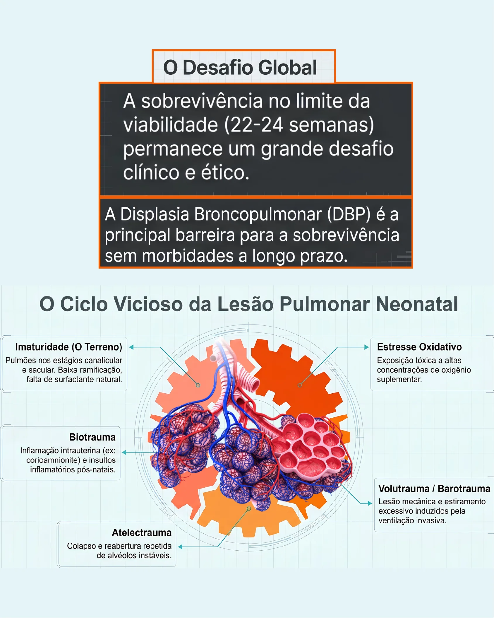Diagrama de engrenagens mostrando o ciclo vicioso da lesão pulmonar neonatal com pulmões ao centro e fatores causais ao redor.