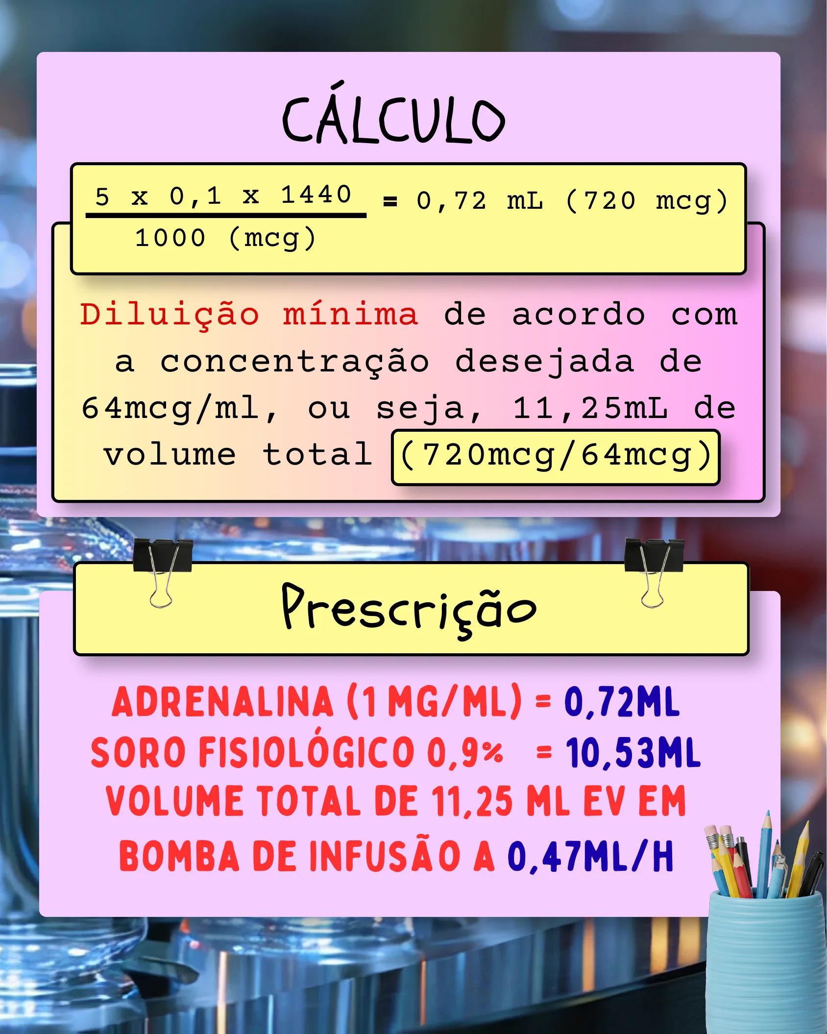 Página com o cálculo detalhado da diluição de adrenalina e a prescrição final para bomba de infusão