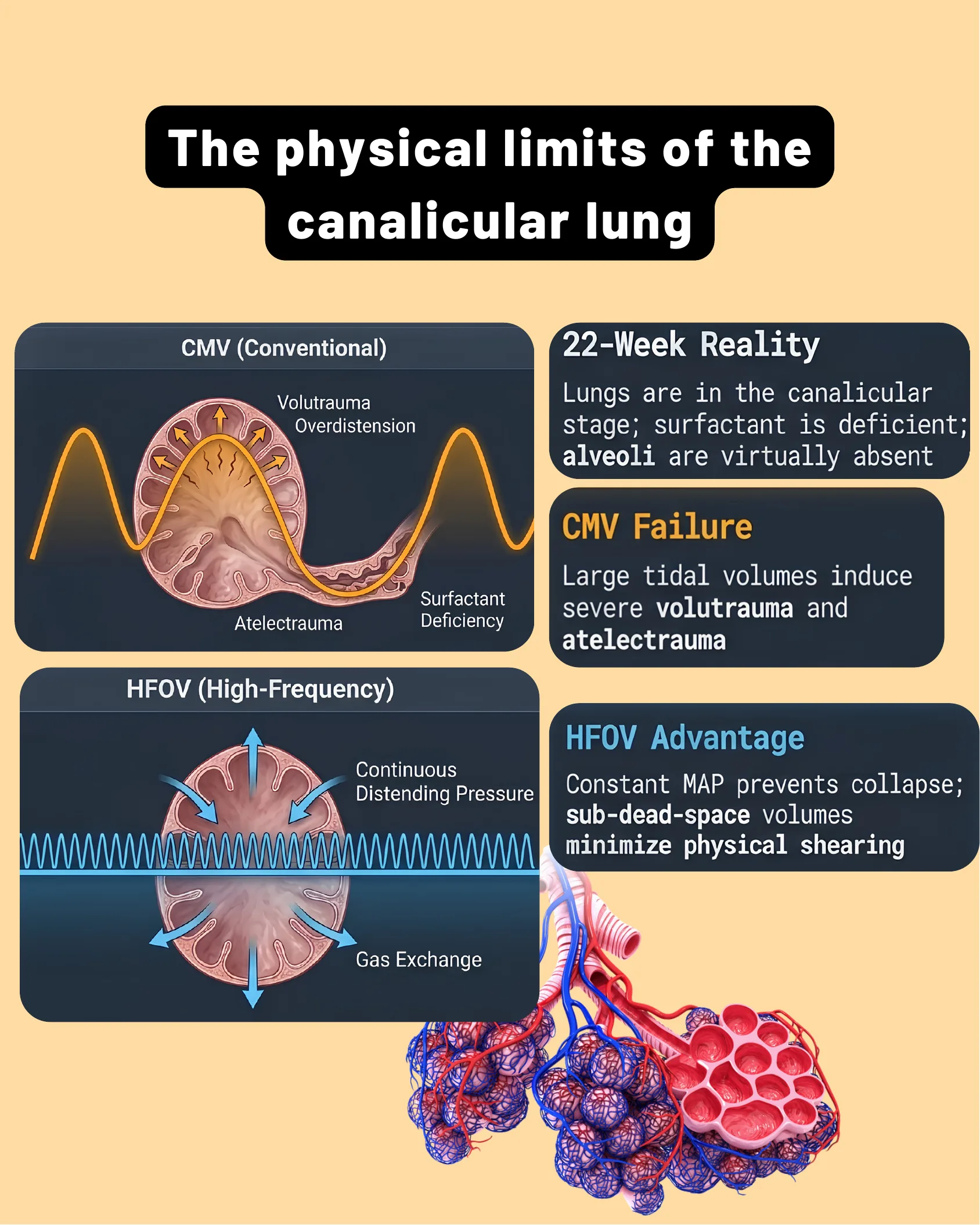 Diagram comparing conventional mechanical ventilation (CMV) causing volutrauma and atelectrauma with high-frequency oscillatory ventilation (HFOV) providing continuous distending pressure and gas exchange in a canalicular-stage lung.