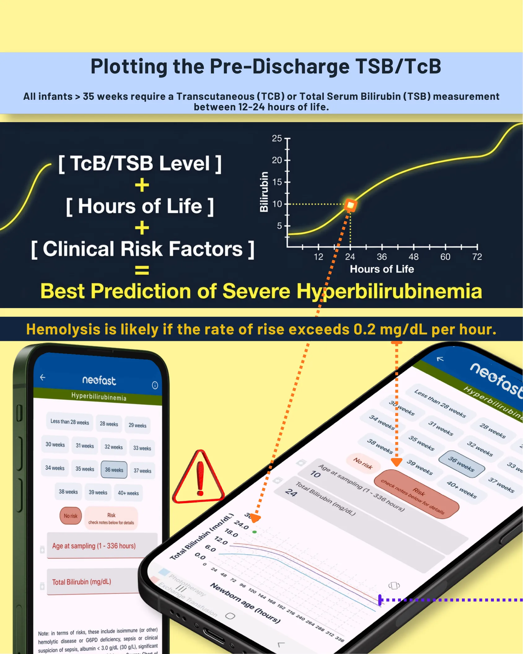 A bilirubin-versus-hours-of-life curve alongside NeoFast app screenshots showing gestational-age selection and hyperbilirubinemia risk plotting fields.