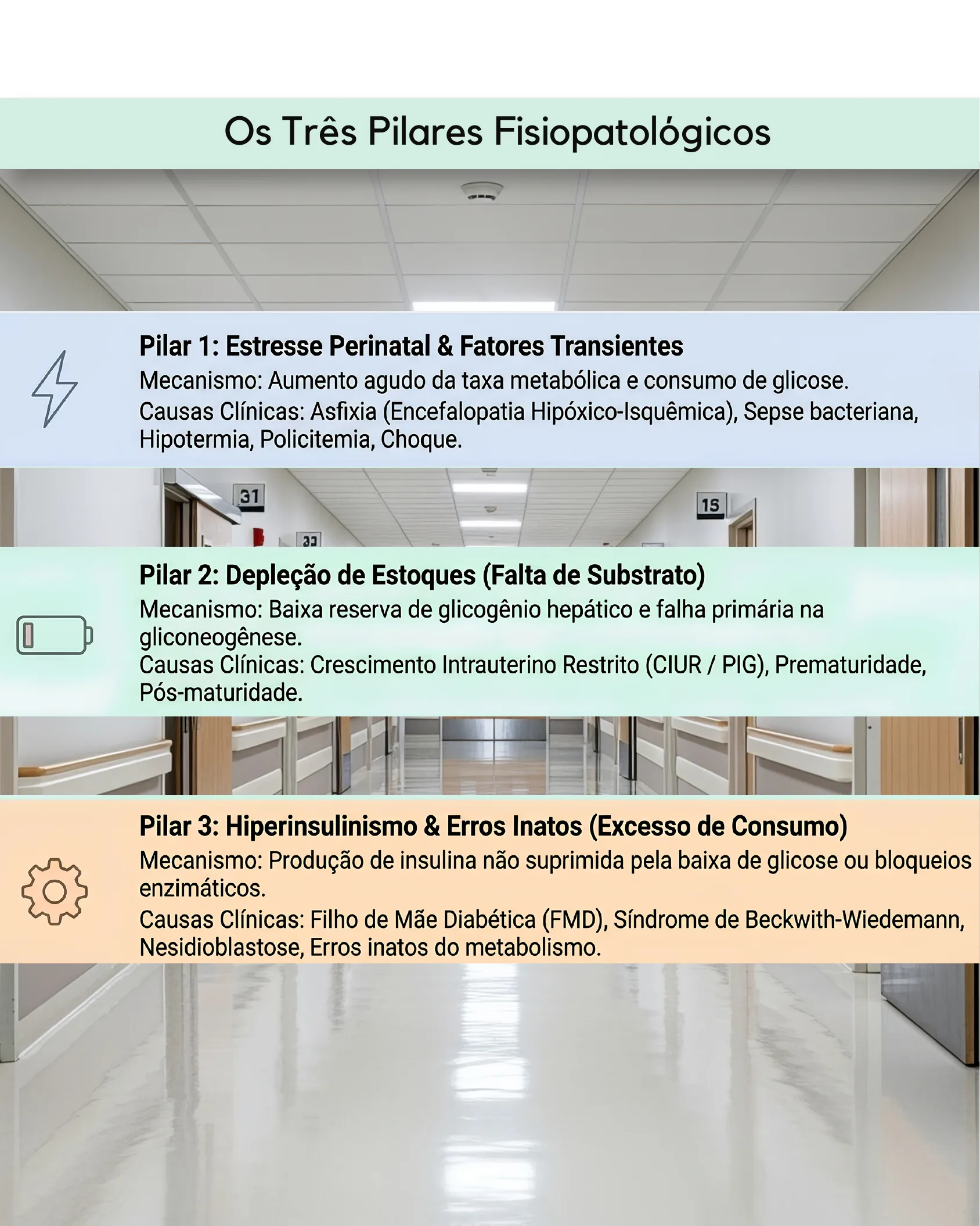 Infográfico descrevendo os três pilares fisiopatológicos da hipoglicemia neonatal: estresse perinatal, depleção de estoques e hiperinsulinismo.