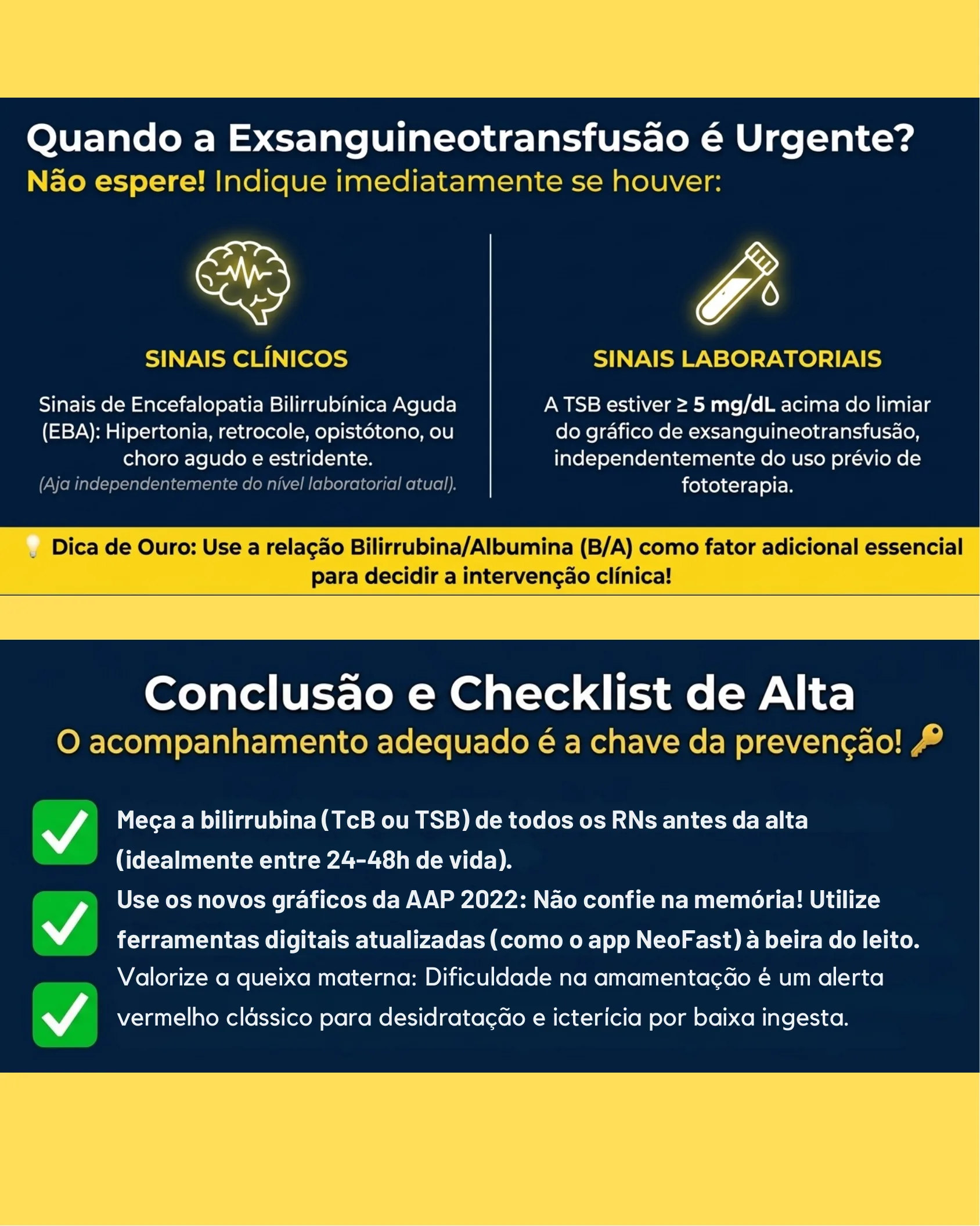 Página com ícones de cérebro e tubo de exame ilustrando sinais clínicos e laboratoriais para exsanguineotransfusão urgente, seguida de checklist de alta com três itens marcados em verde.