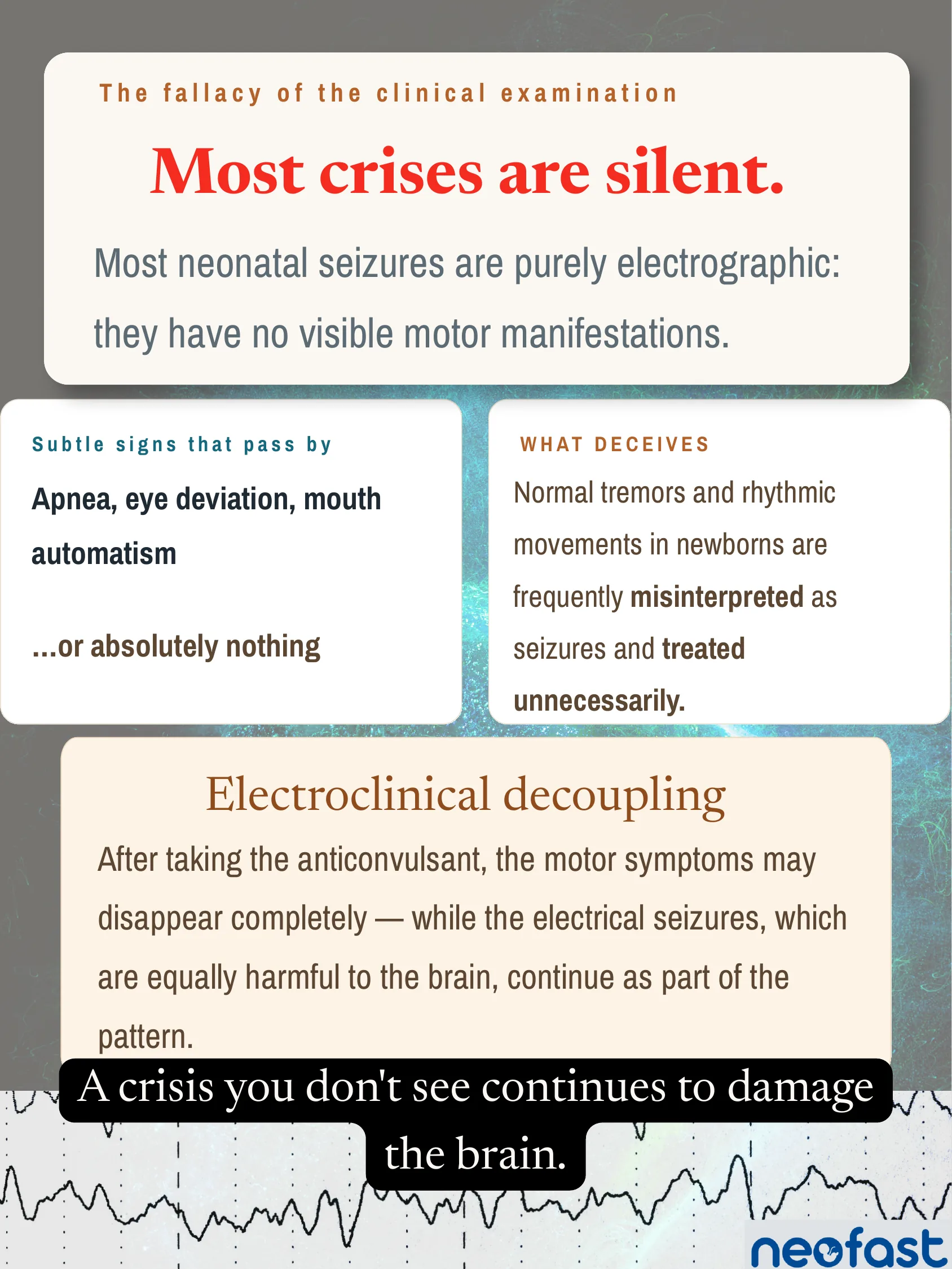 Infographic explaining that most neonatal seizures are electrographic without visible motor manifestations, contrasting subtle signs versus deceptive normal movements, with an EEG waveform background.
