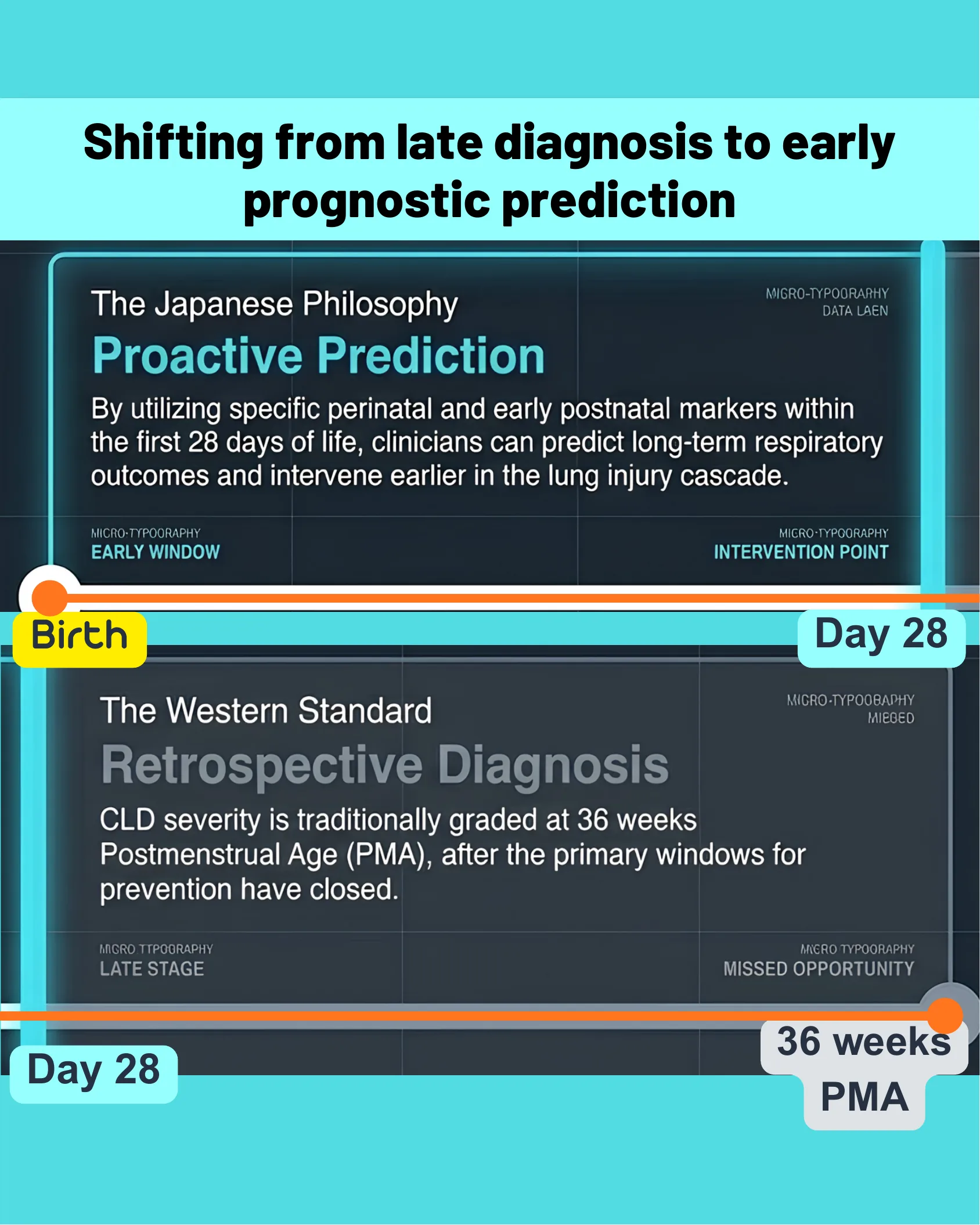 Timeline comparing the Japanese philosophy of proactive prediction from birth to Day 28 against the Western standard of retrospective diagnosis from Day 28 to 36 weeks postmenstrual age.
