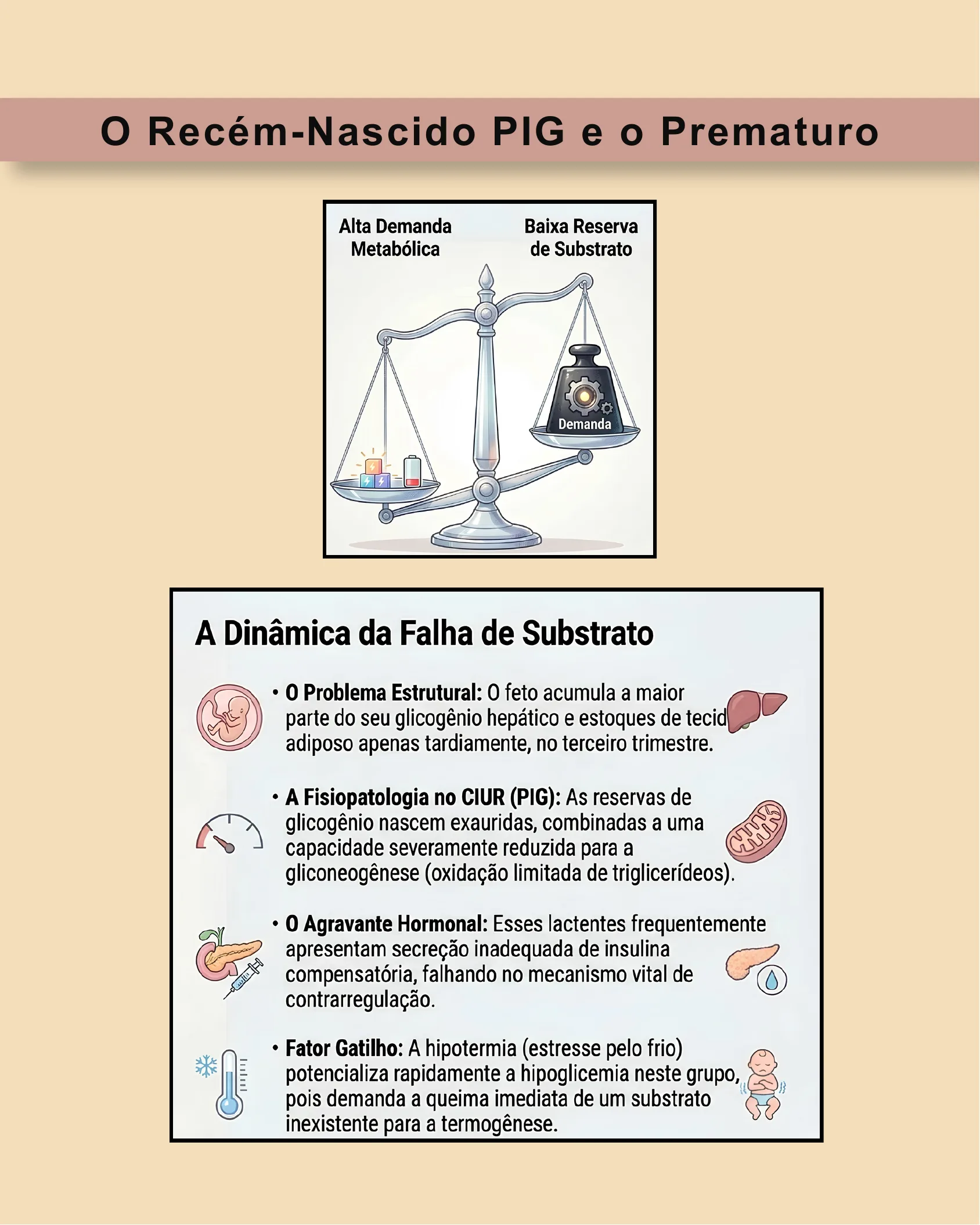 Infográfico com balança ilustrando alta demanda metabólica versus baixa reserva de substrato, e lista da dinâmica da falha de substrato em recém-nascidos PIG e prematuros.