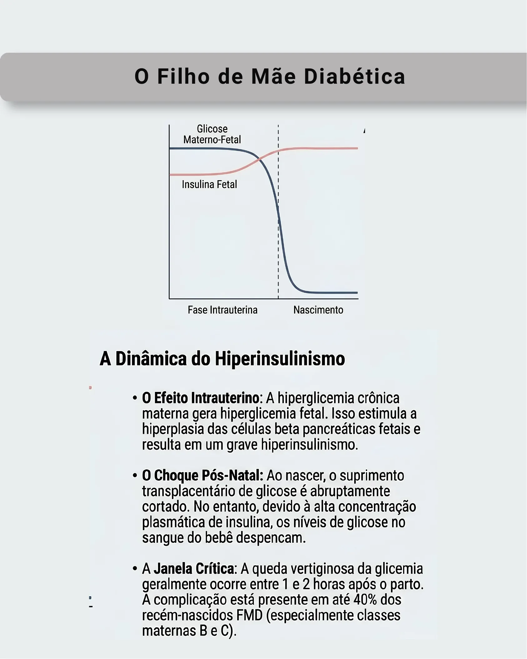 Gráfico mostrando glicose materno-fetal e insulina fetal ao longo da fase intrauterina e nascimento, com explicação da dinâmica do hiperinsulinismo.
