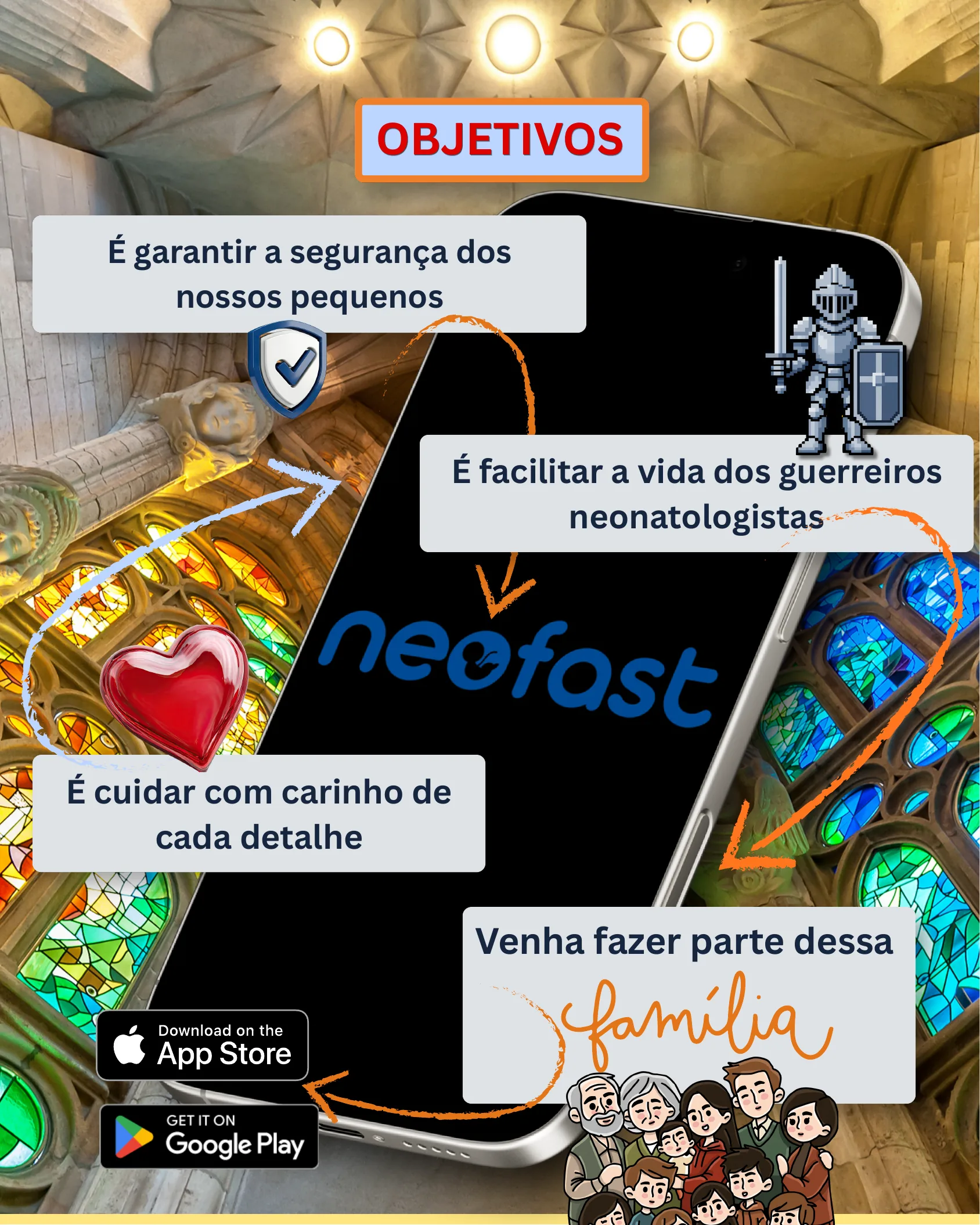 Página final com fotos de vitrais coloridos e telhado da Sagrada Família ao fundo, celular exibindo o logo do aplicativo NeoFast, ícones de escudo e coração, e ilustração de família, com botões de download na App Store e Google Play.