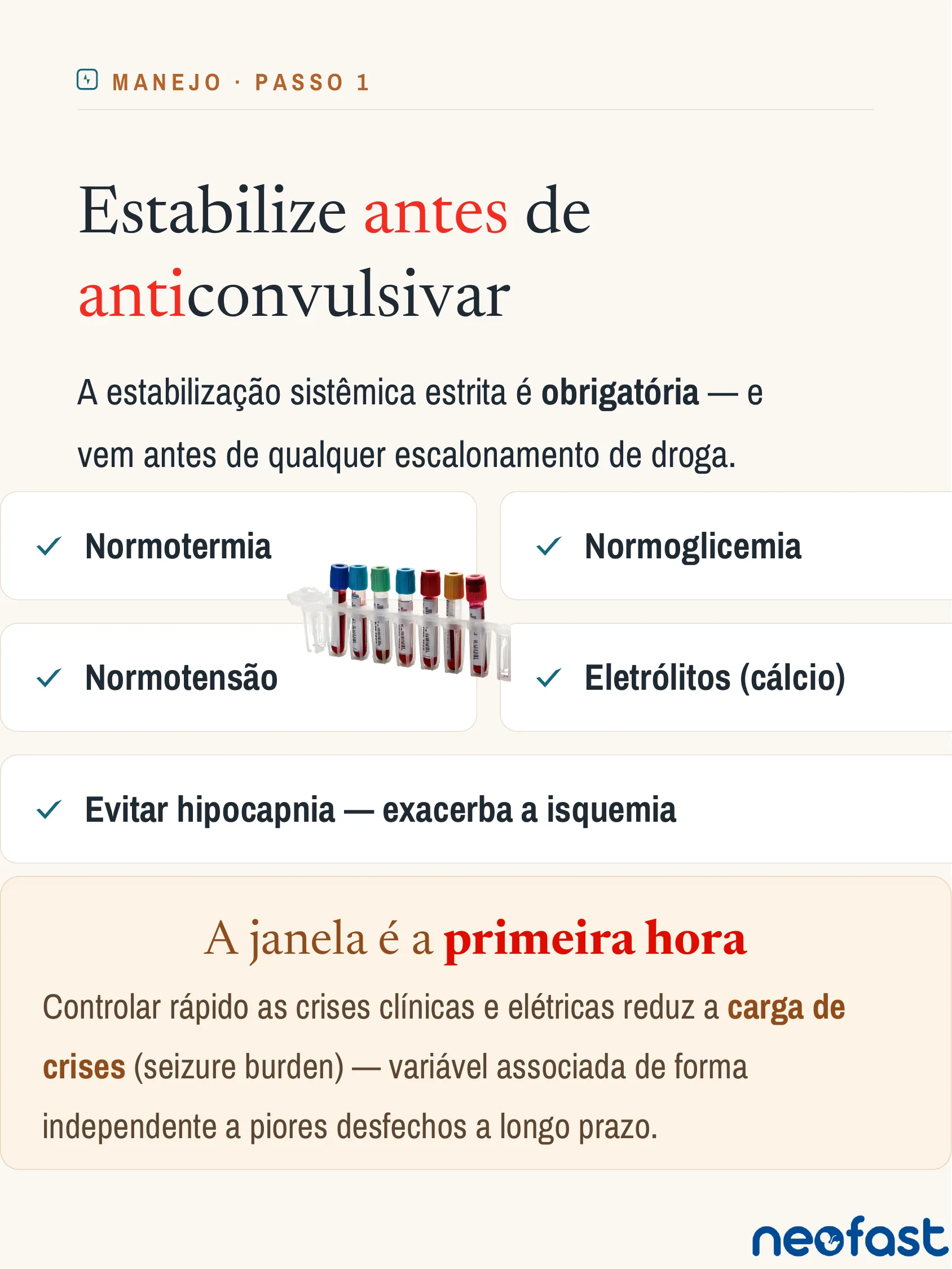Infográfico sobre estabilização sistêmica pré-anticonvulsivante em convulsões neonatais, com imagem de tubos de coleta de sangue e quatro itens de checklist.
