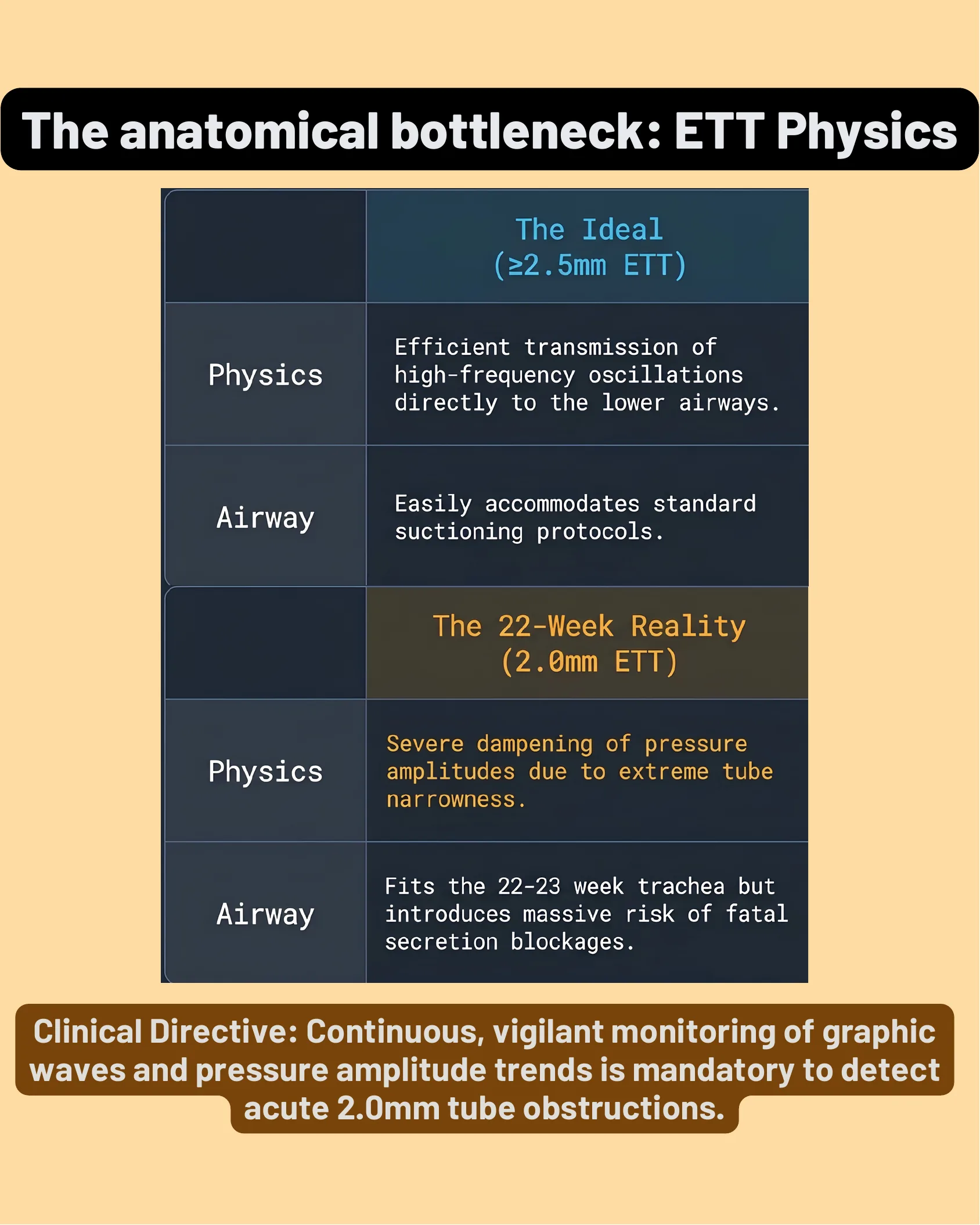 Comparison table of endotracheal tube physics and airway characteristics between an ideal 2.5mm ETT and the 22-week reality of a 2.0mm ETT, with a clinical directive about monitoring for tube obstructions.