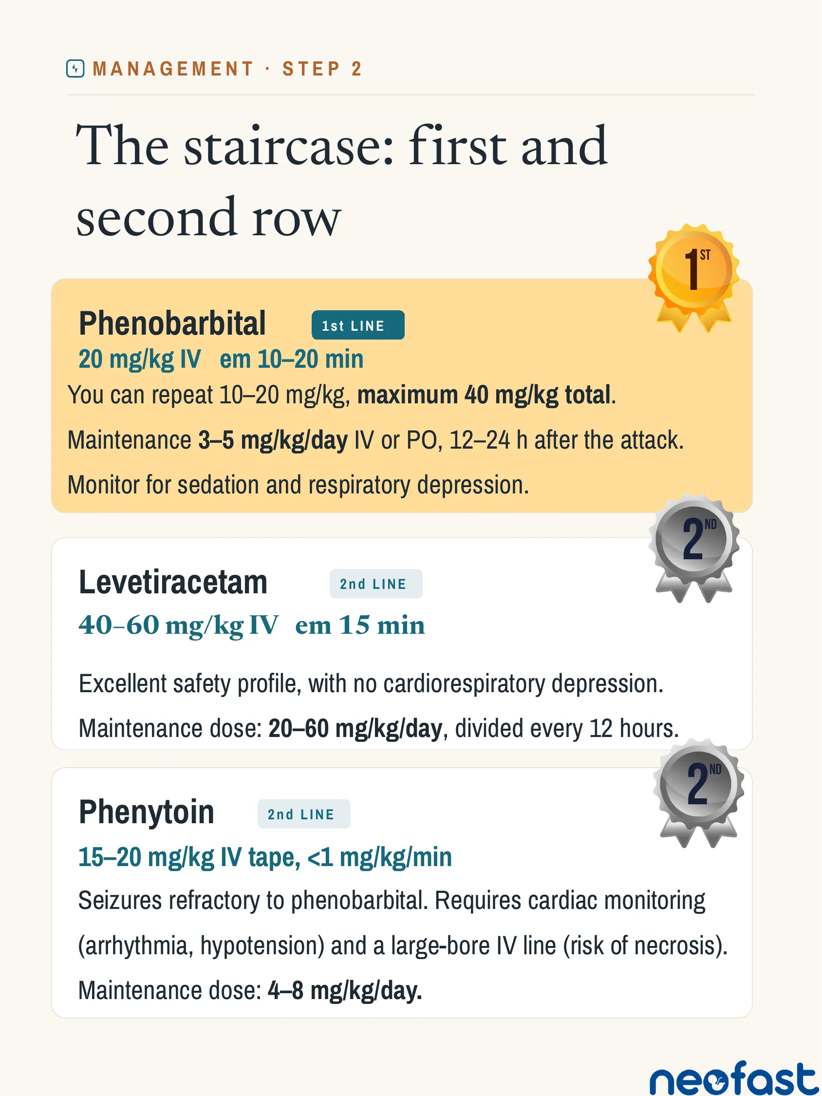Infographic detailing first-line and second-line anticonvulsant medications for neonatal seizures — phenobarbital, levetiracetam, and phenytoin — with dosing, administration, and monitoring instructions.