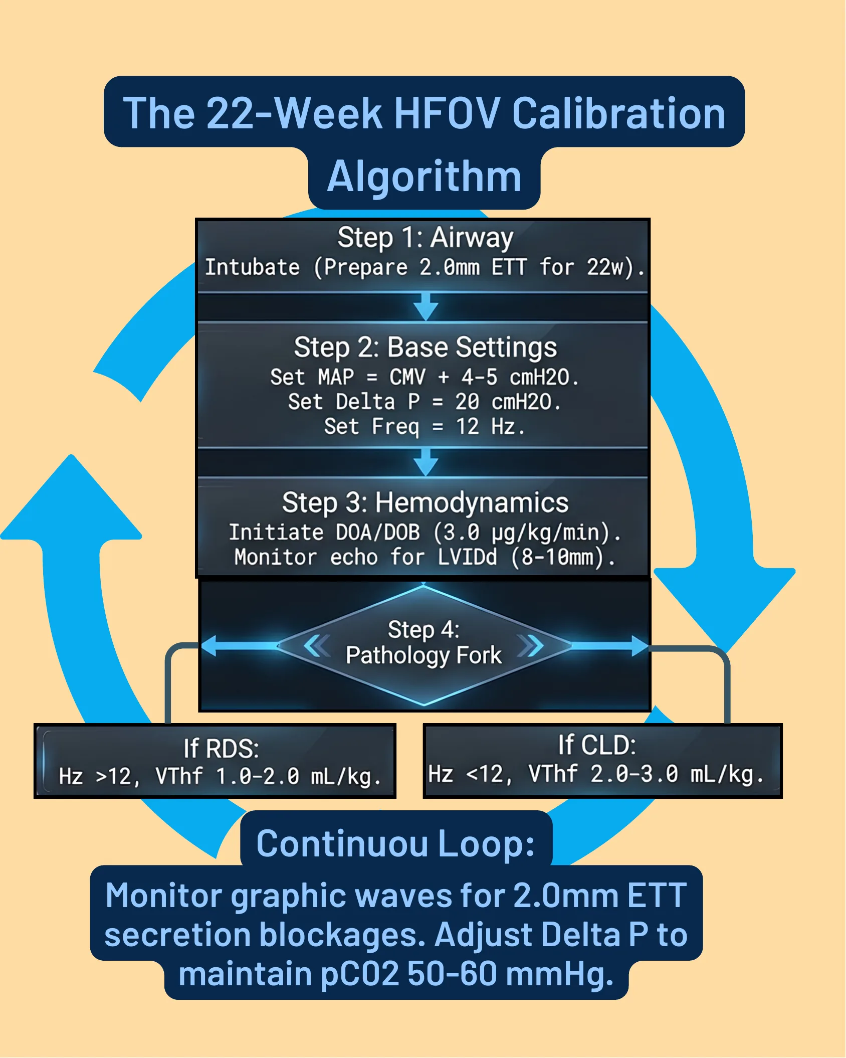 Flowchart illustrating a four-step HFOV calibration algorithm for 22-week infants, including airway intubation, base ventilator settings, hemodynamic support, and a pathology fork for RDS versus CLD, with a continuous monitoring loop.