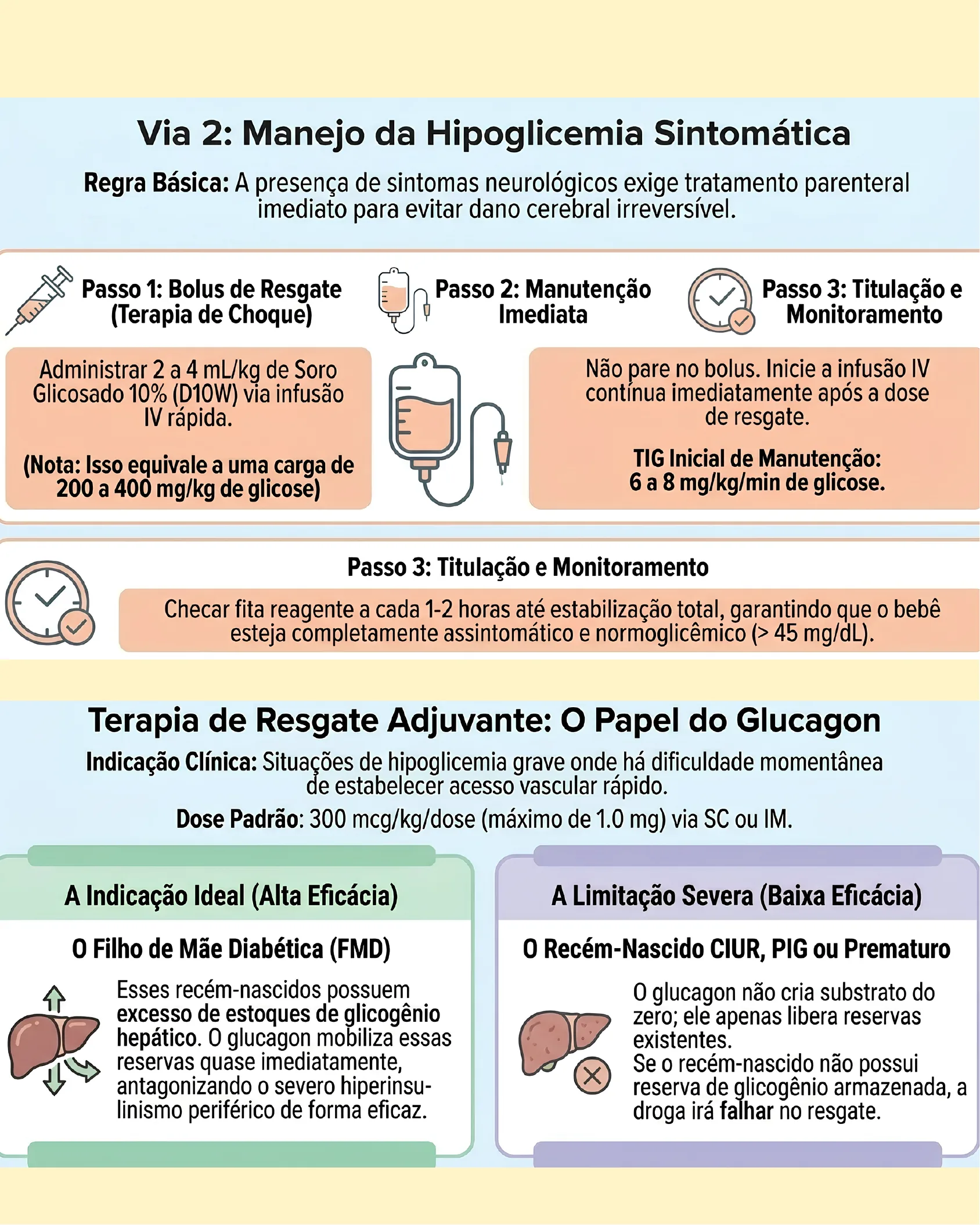 Infográfico detalhando os três passos do manejo da hipoglicemia sintomática neonatal e o papel do glucagon como terapia adjuvante.