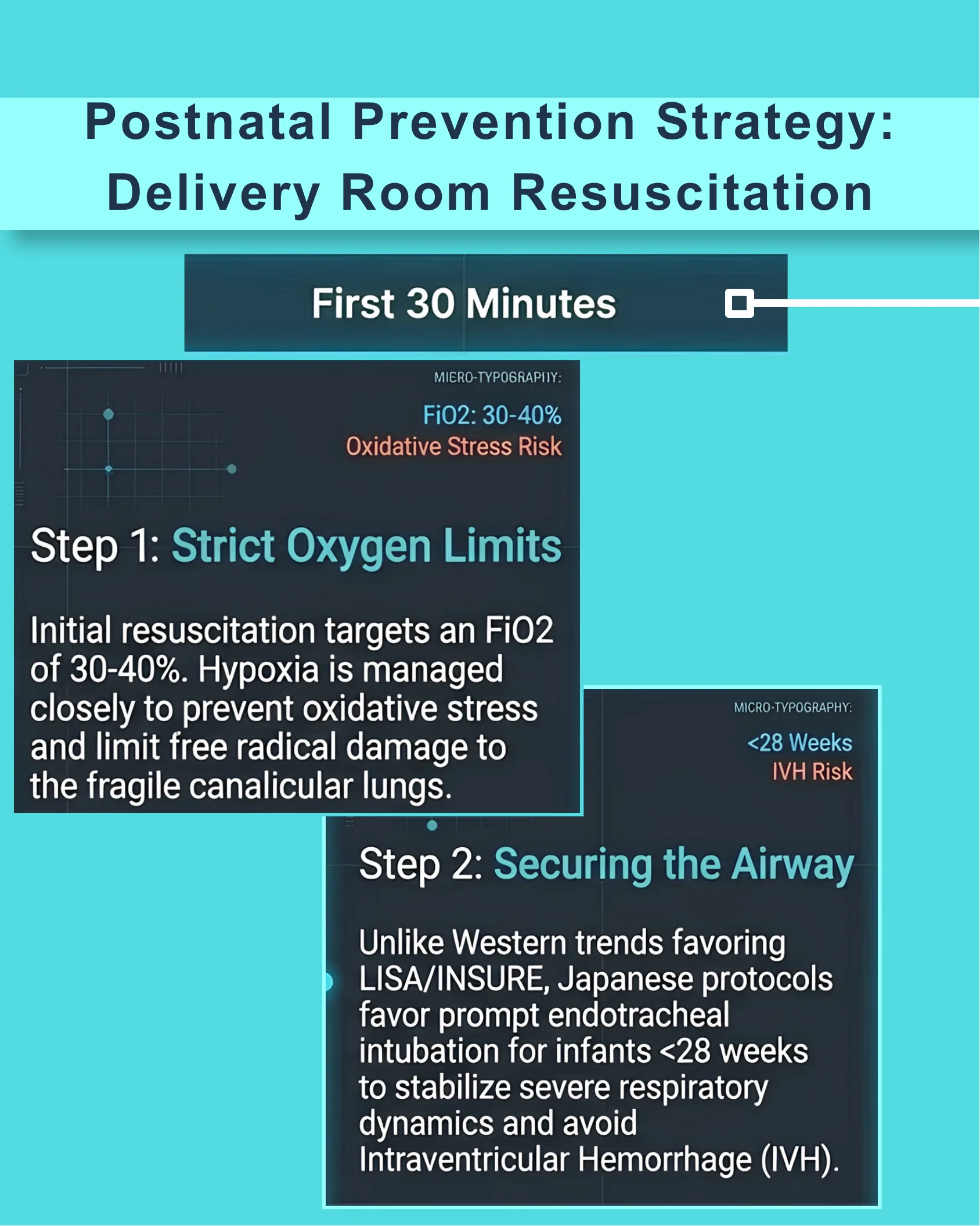 Infographic on delivery room resuscitation steps within the first 30 minutes, covering strict oxygen limits and airway management for premature infants.