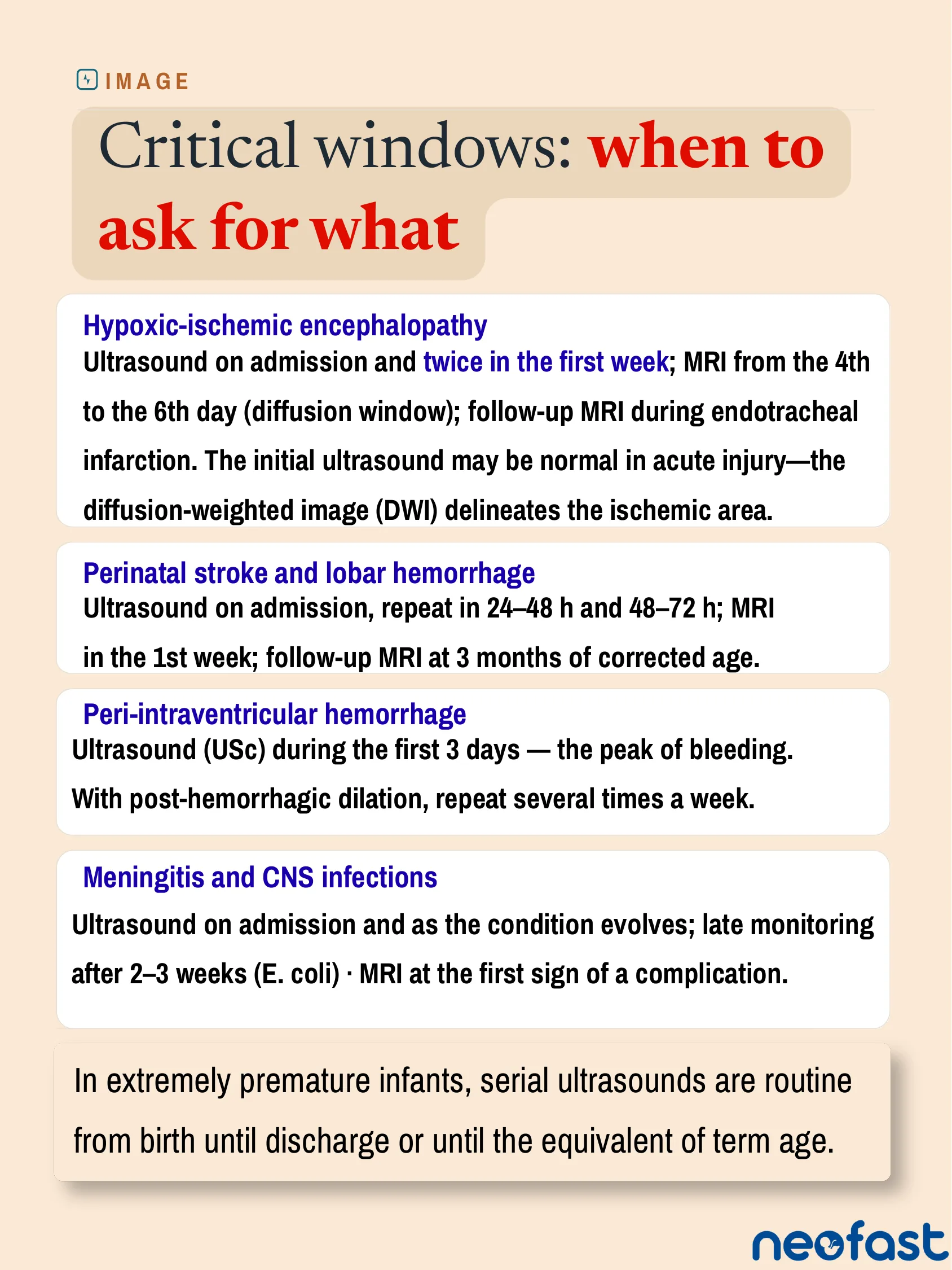 Infographic table describing the recommended timing of ultrasound and MRI neuroimaging for hypoxic-ischemic encephalopathy, perinatal stroke, hemorrhage, and CNS infections in neonates.