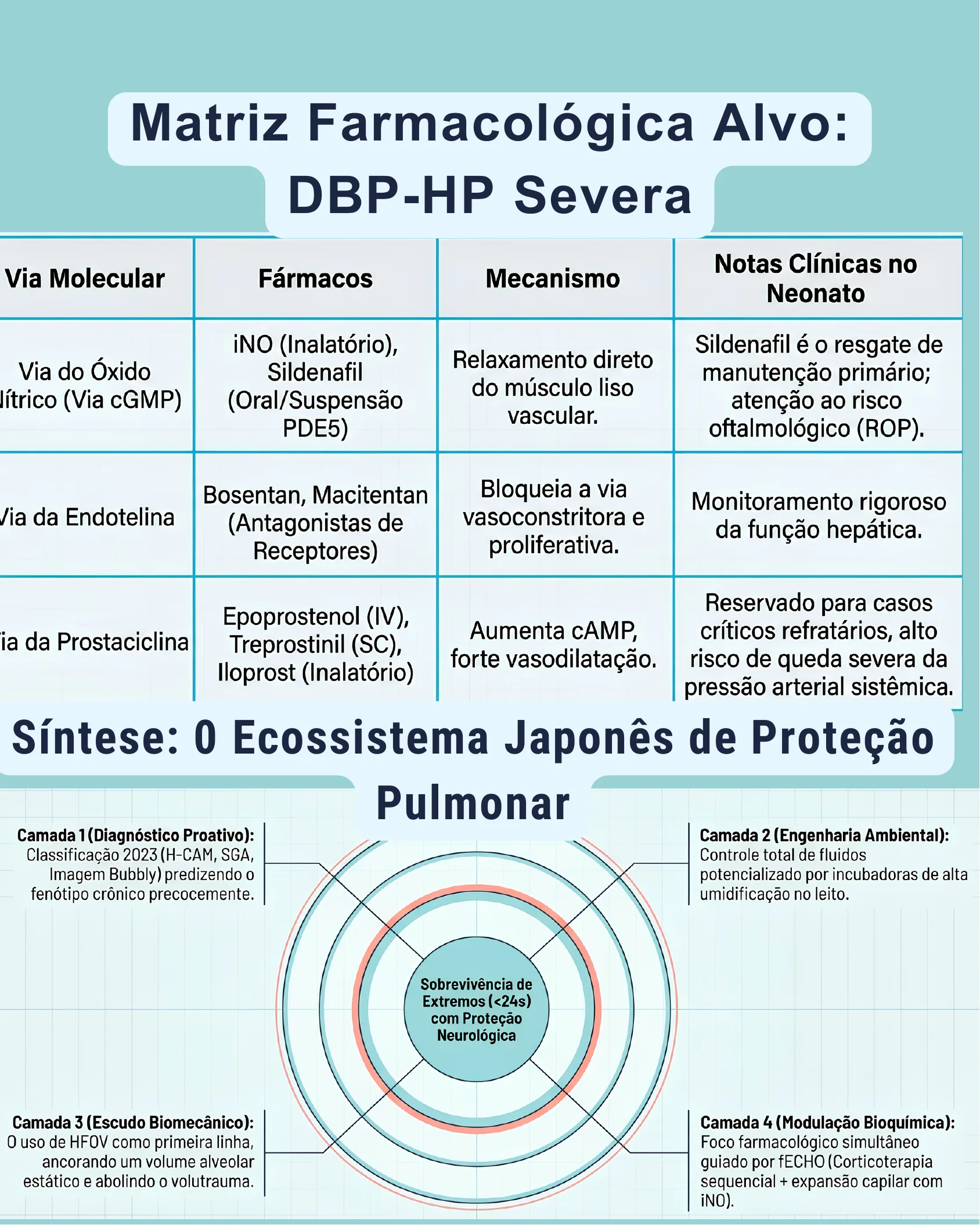 Tabela de vias moleculares e fármacos para DBP-HP severa e diagrama circular resumindo o ecossistema japonês de proteção pulmonar em quatro camadas.