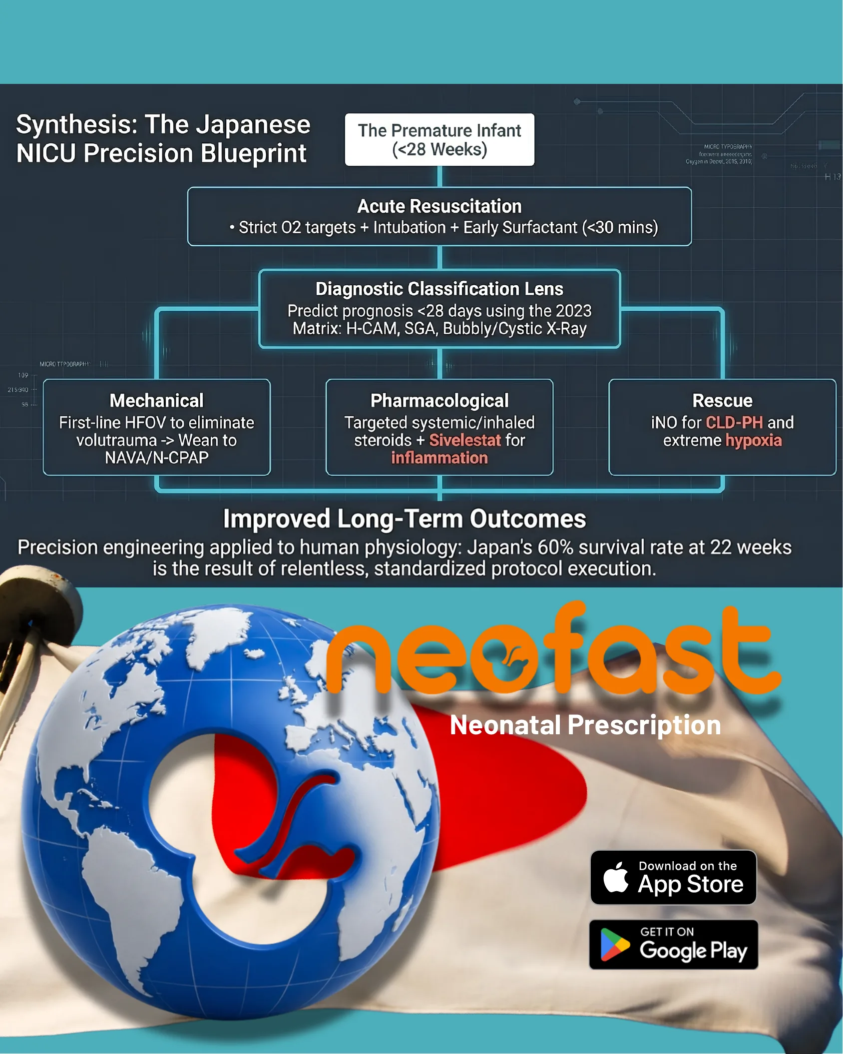 Flowchart infographic summarizing the Japanese NICU precision blueprint for managing premature infants under 28 weeks, including acute resuscitation, diagnostic classification, and treatment pathways, followed by a Neofast Neonatal Prescription app promotion with a globe wrapped in the Japanese flag and App Store/Google Play download buttons.