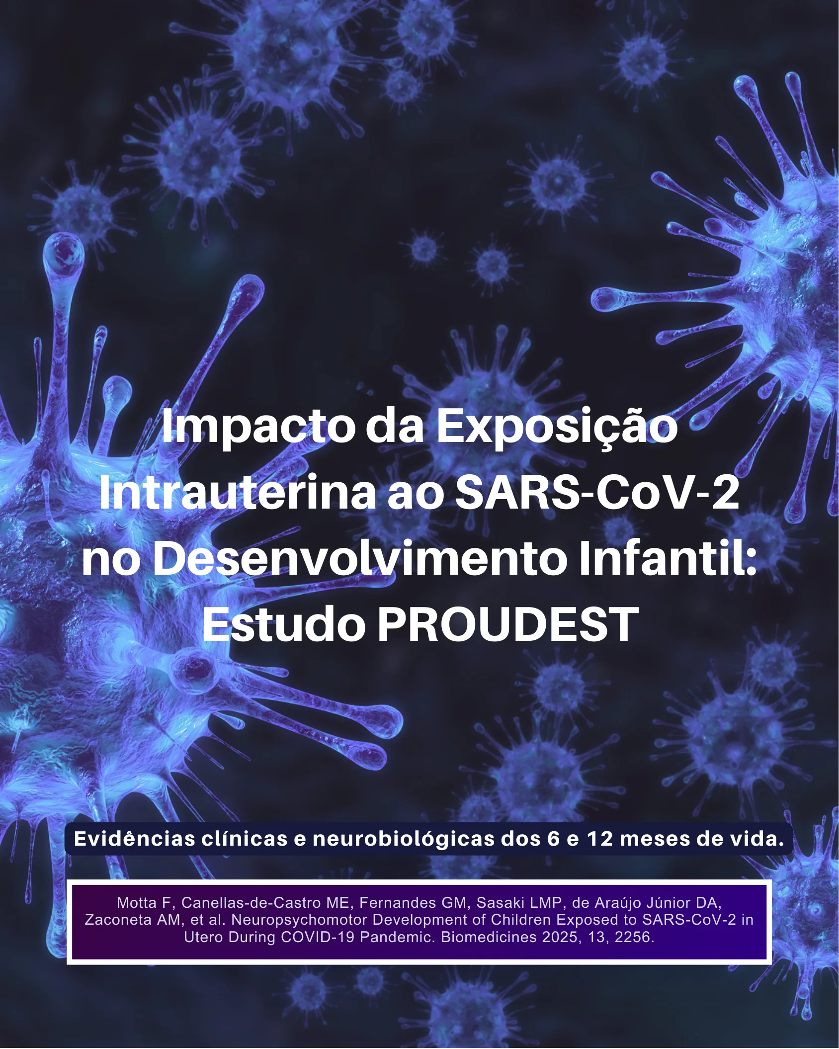 Capa do infográfico sobre o impacto da exposição intrauterina ao SARS-CoV-2 no desenvolvimento infantil, com imagem de partículas virais em tons de azul sobre fundo escuro.
