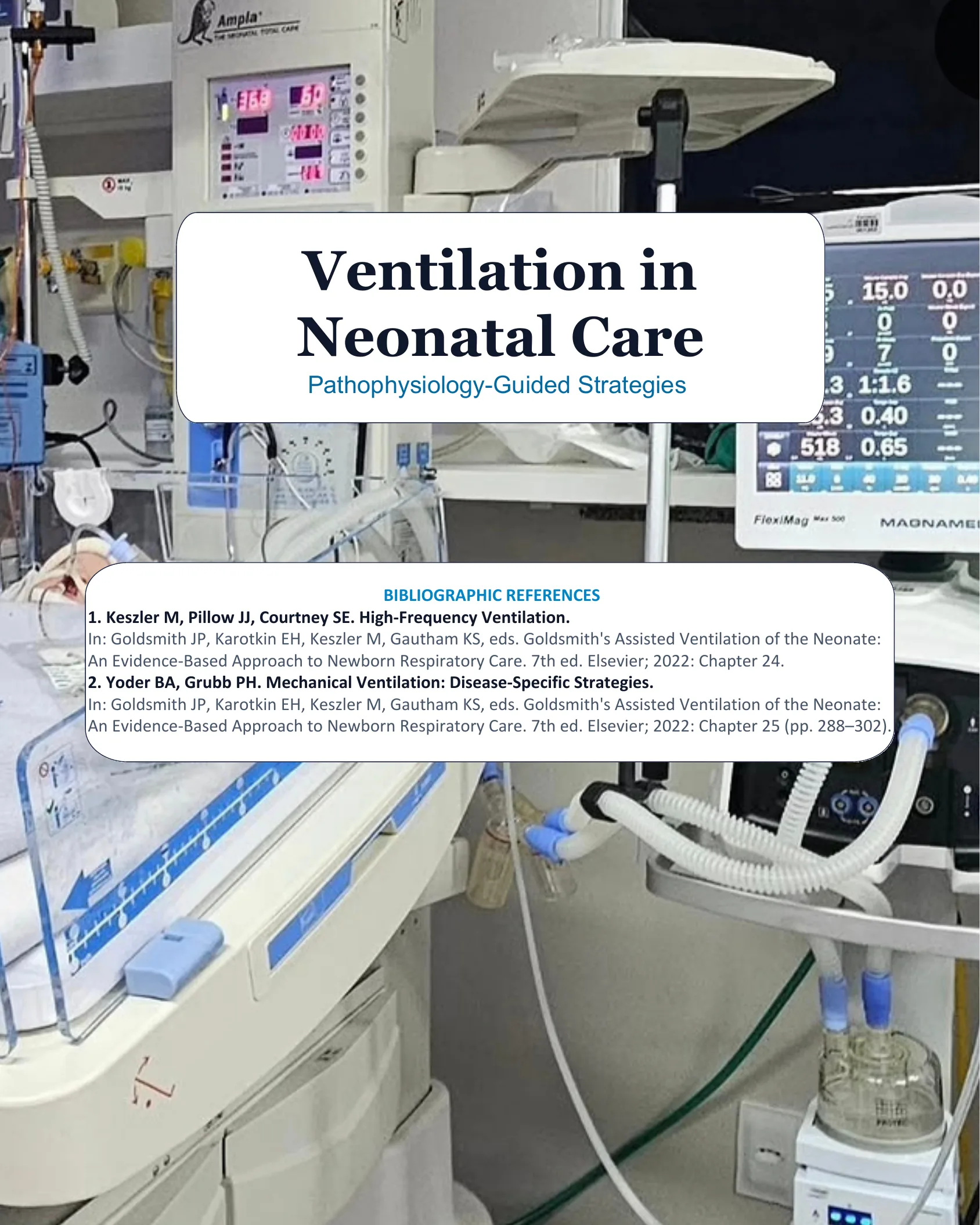 Cover page showing a neonatal intensive care unit with ventilator equipment, monitors, and an incubator, titled Ventilation in Neonatal Care: Pathophysiology-Guided Strategies, with bibliographic references listed at the bottom.