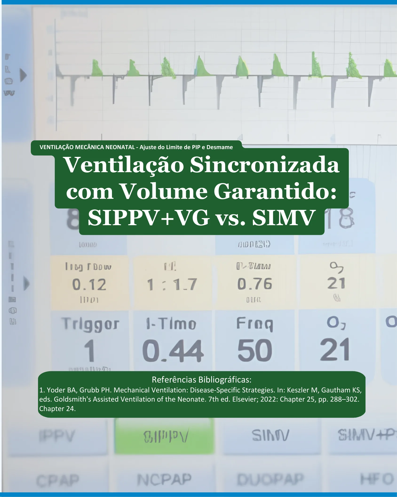 Capa do infográfico sobre ventilação mecânica neonatal mostrando gráficos de ventilador e painel de parâmetros como Trigger, I-Time, Freq e O2.