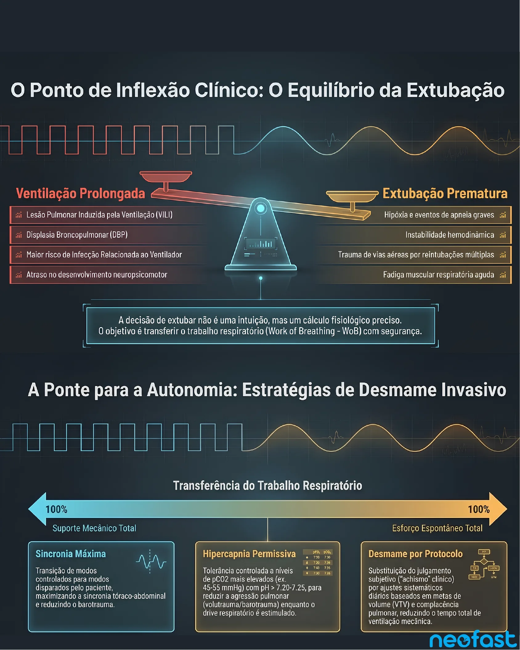 Infográfico de balança comparando os riscos da ventilação prolongada versus extubação prematura, seguido de estratégias de desmame invasivo com transferência gradual do trabalho respiratório.