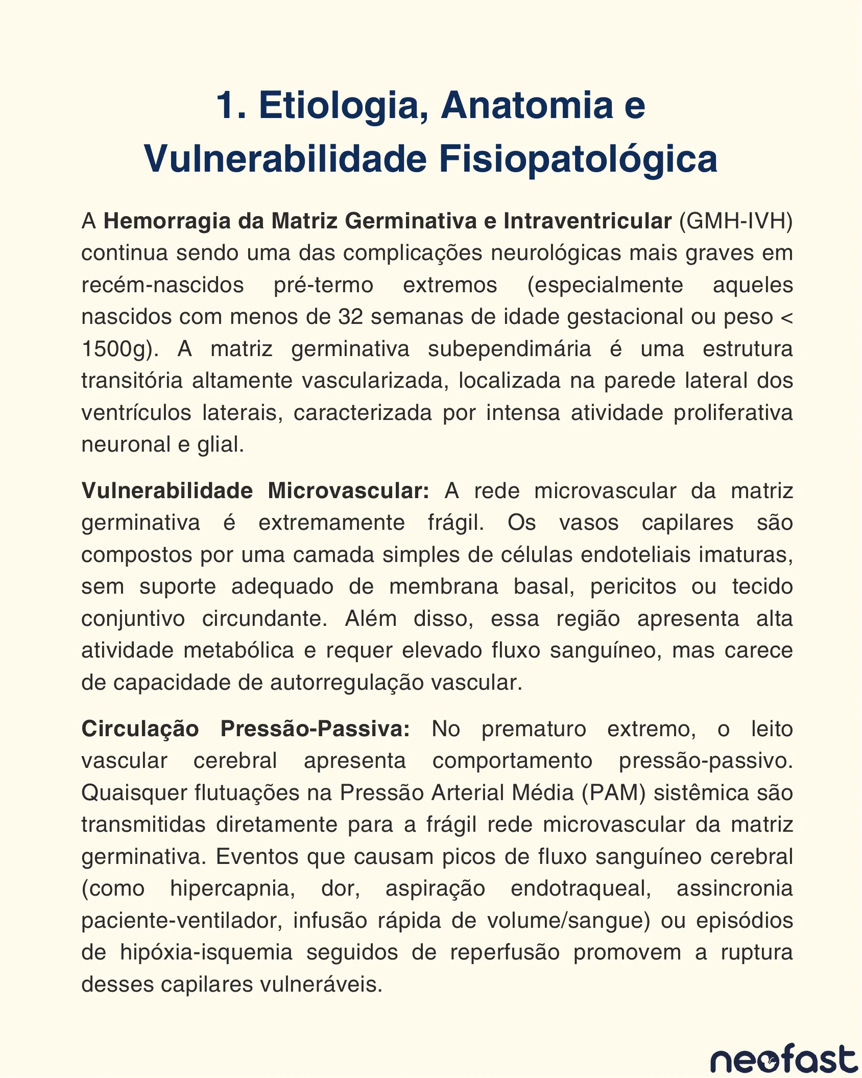 Texto explicando a etiologia, anatomia e vulnerabilidade fisiopatológica da matriz germinativa em recém-nascidos pré-termo.
